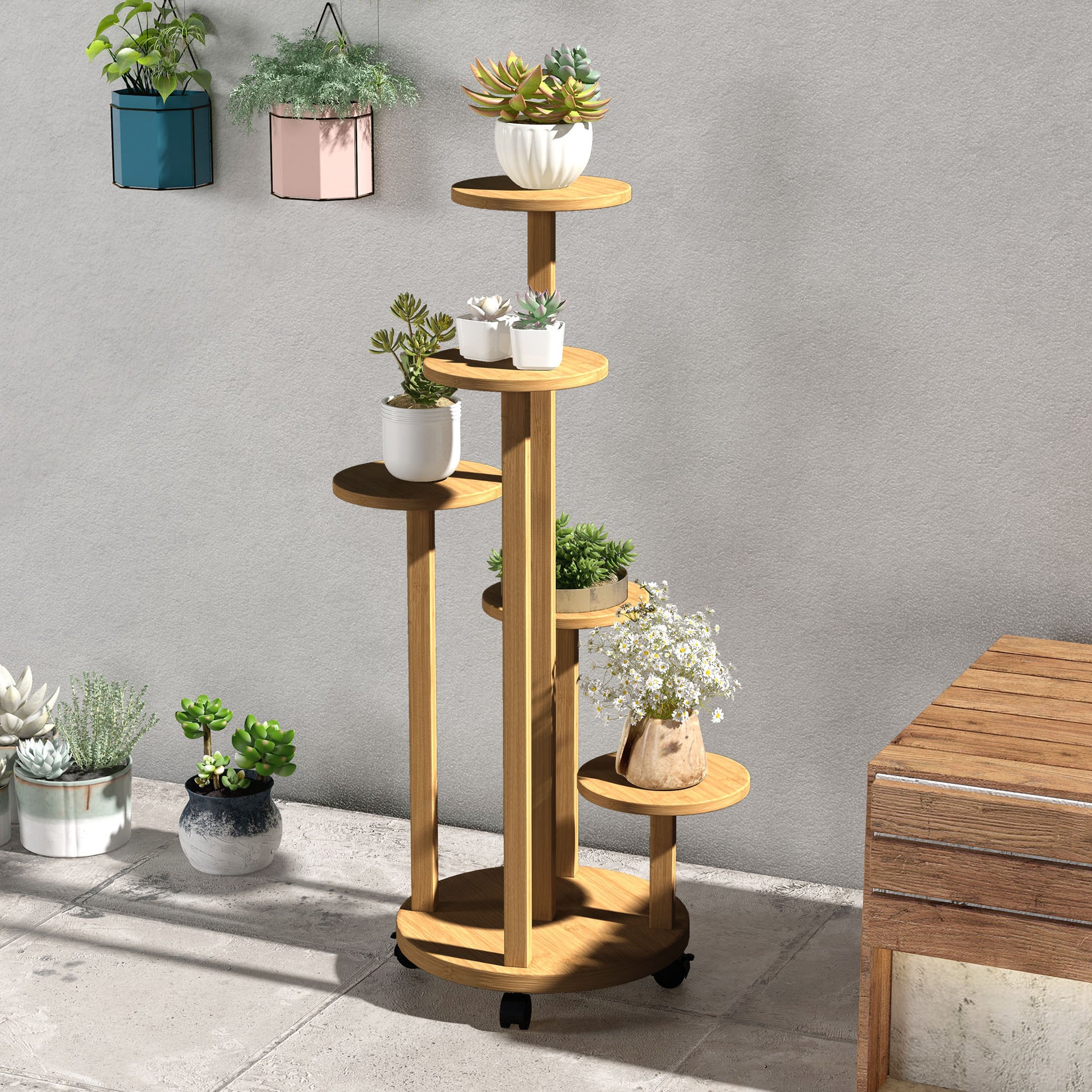 Outsunny Soporte para Plantas de Bambú con Ruedas de 5 Niveles, Estantería Redonda para Plantas para Esquina, Soporte para Macetas, Interior y Exterior, 33x33x90 cm, Natural