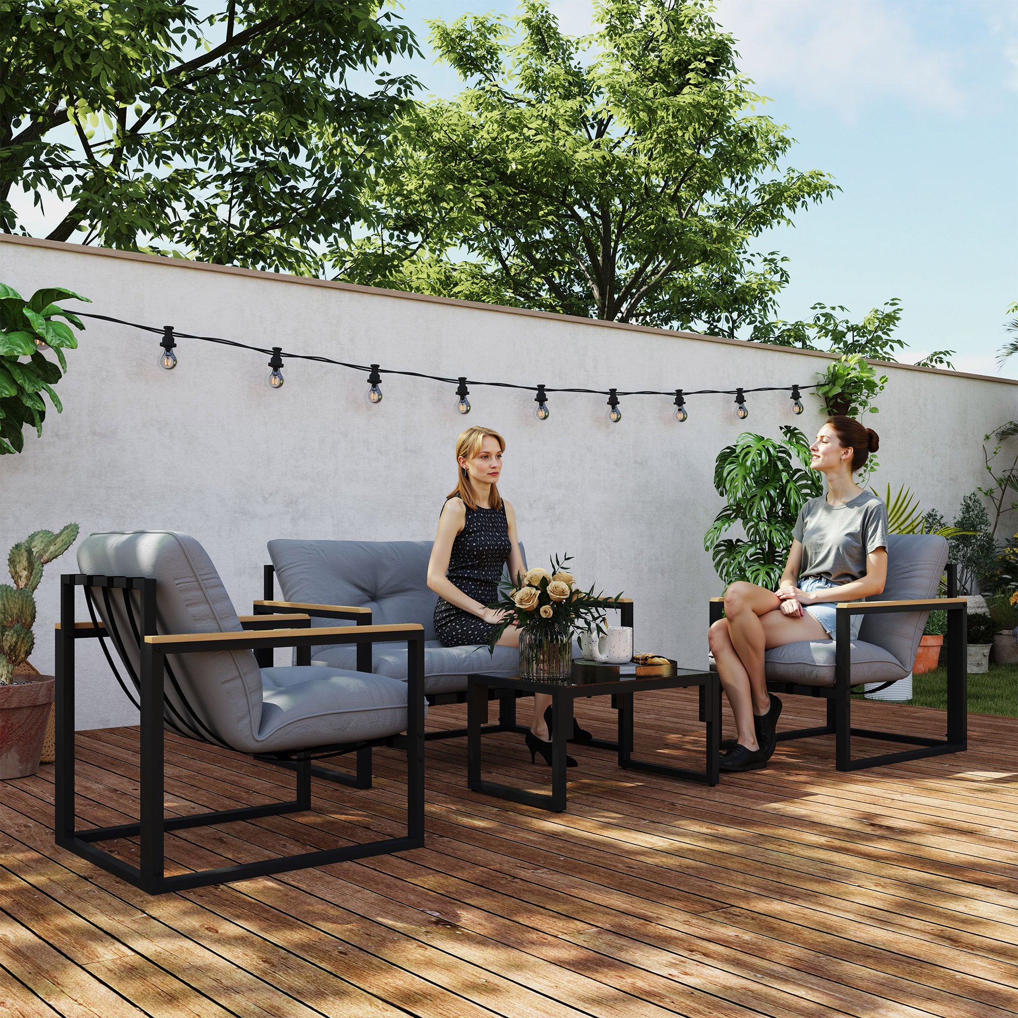 Outsunny Conjunto de Jardín Exterior de 4 Piezas Muebles Jardín Exterior con 2 Sillones y 1 Sofá de 2 Plazas con Cojines y Mesa de Centro con Tablero de Vidrio Templado Gris y Negro