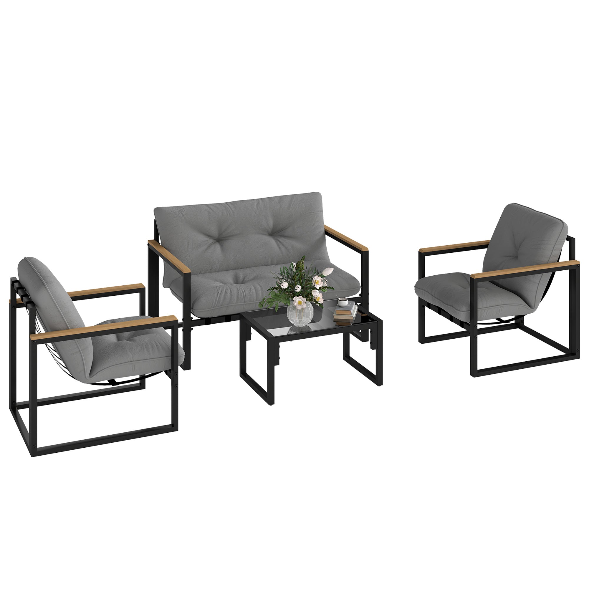 Outsunny Conjunto de Jardín Exterior de 4 Piezas Muebles Jardín Exterior con 2 Sillones y 1 Sofá de 2 Plazas con Cojines y Mesa de Centro con Tablero de Vidrio Templado Gris y Negro