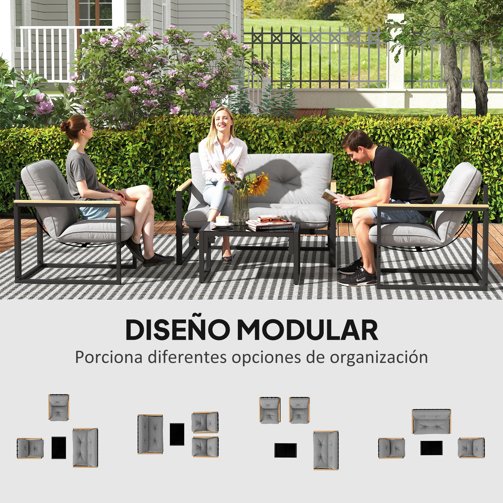 Outsunny Conjunto de Jardín Exterior de 4 Piezas Muebles Jardín Exterior con 2 Sillones y 1 Sofá de 2 Plazas con Cojines y Mesa de Centro con Tablero de Vidrio Templado Gris y Negro
