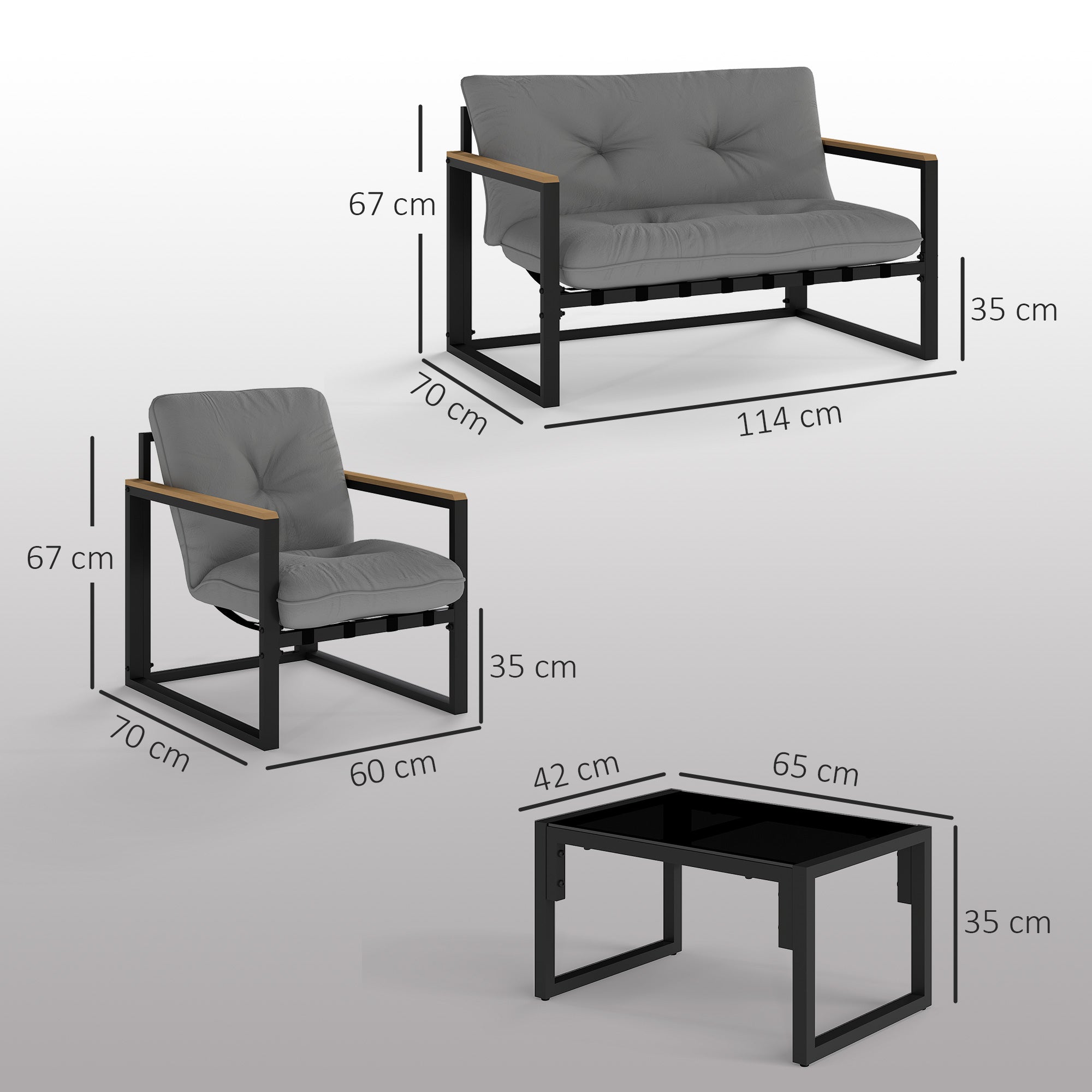 Outsunny Conjunto de Jardín Exterior de 4 Piezas Muebles Jardín Exterior con 2 Sillones y 1 Sofá de 2 Plazas con Cojines y Mesa de Centro con Tablero de Vidrio Templado Gris y Negro
