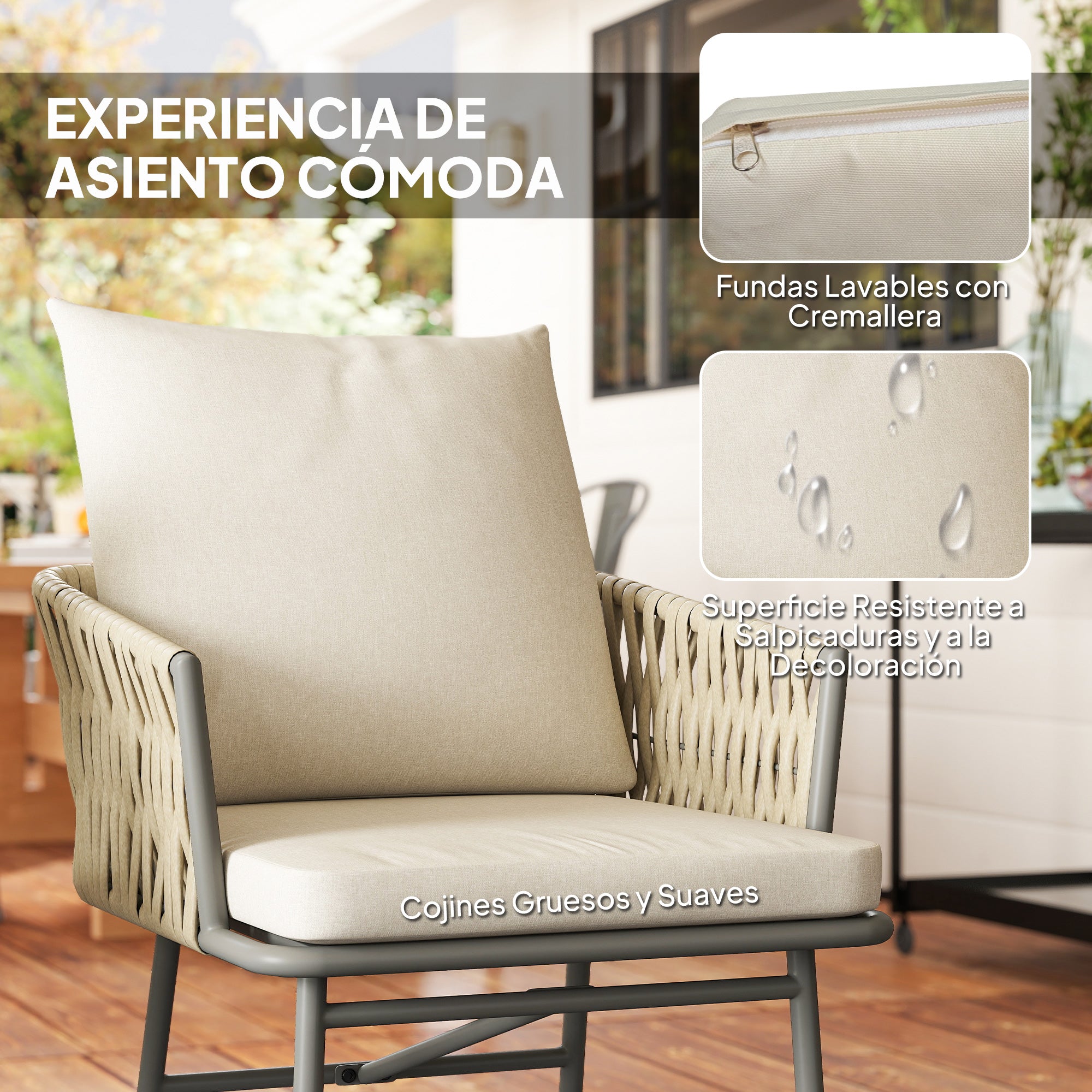 Outsunny Conjunto de Jardín Exterior de 3 Piezas Muebles de Jardín con 2 Sillas con Cojines Extraíbles Lavables y Mesa Terraza con Tablero de Metal Impermeable Anti-UV para Balcón Patio Gris y Crema