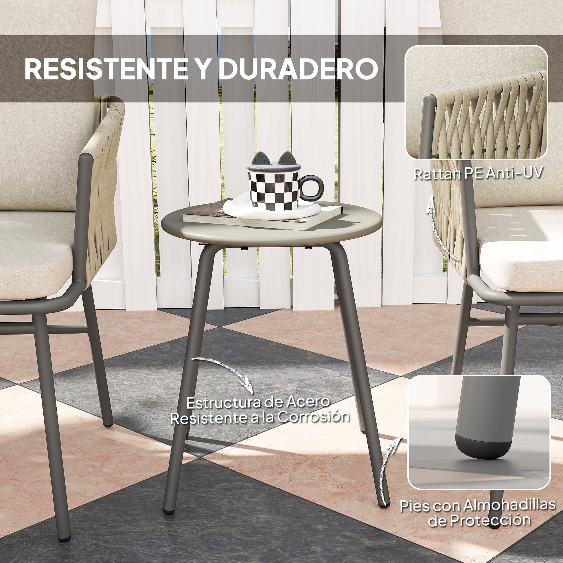 Outsunny Conjunto de Jardín Exterior de 3 Piezas Muebles de Jardín con 2 Sillas con Cojines Extraíbles Lavables y Mesa Terraza con Tablero de Metal Impermeable Anti-UV para Balcón Patio Gris y Crema