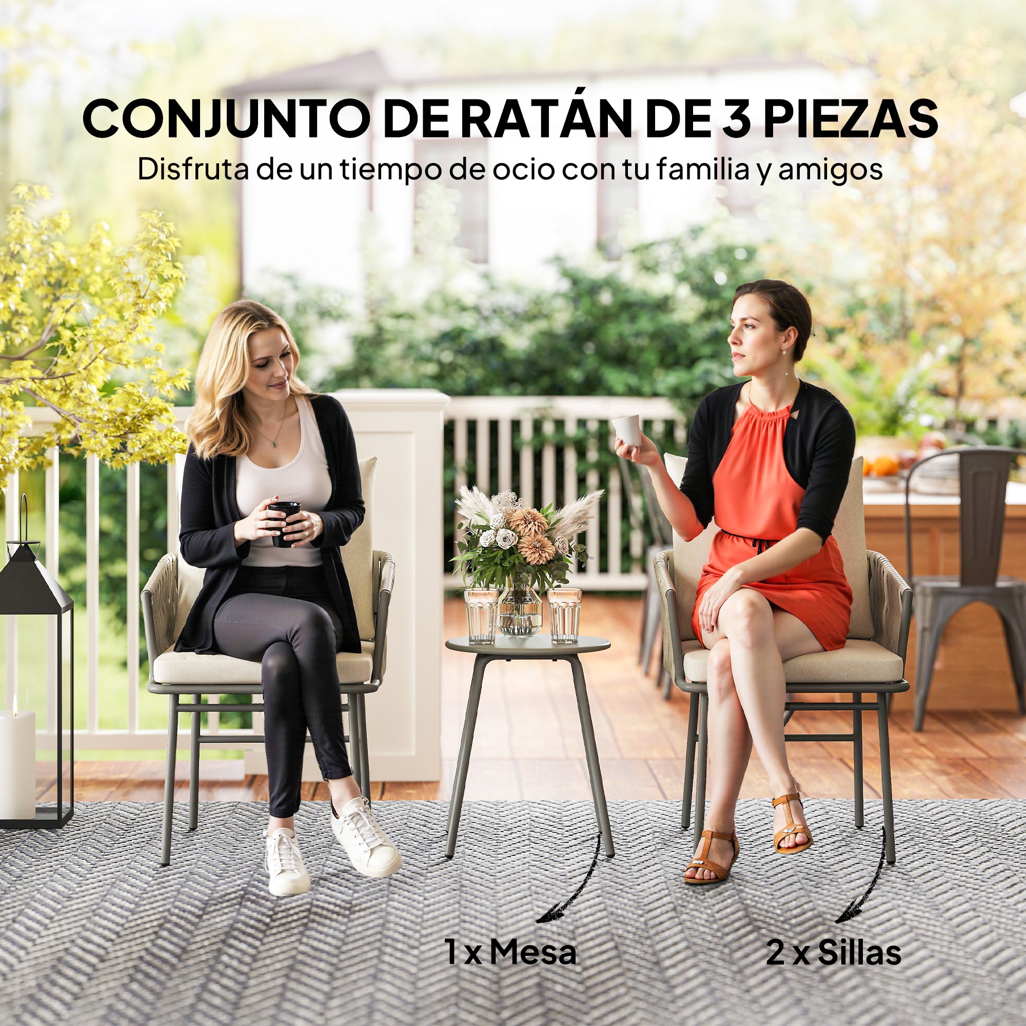 Outsunny Conjunto de Jardín Exterior de 3 Piezas Muebles de Jardín con 2 Sillas con Cojines Extraíbles Lavables y Mesa Terraza con Tablero de Metal Impermeable Anti-UV para Balcón Patio Gris y Crema