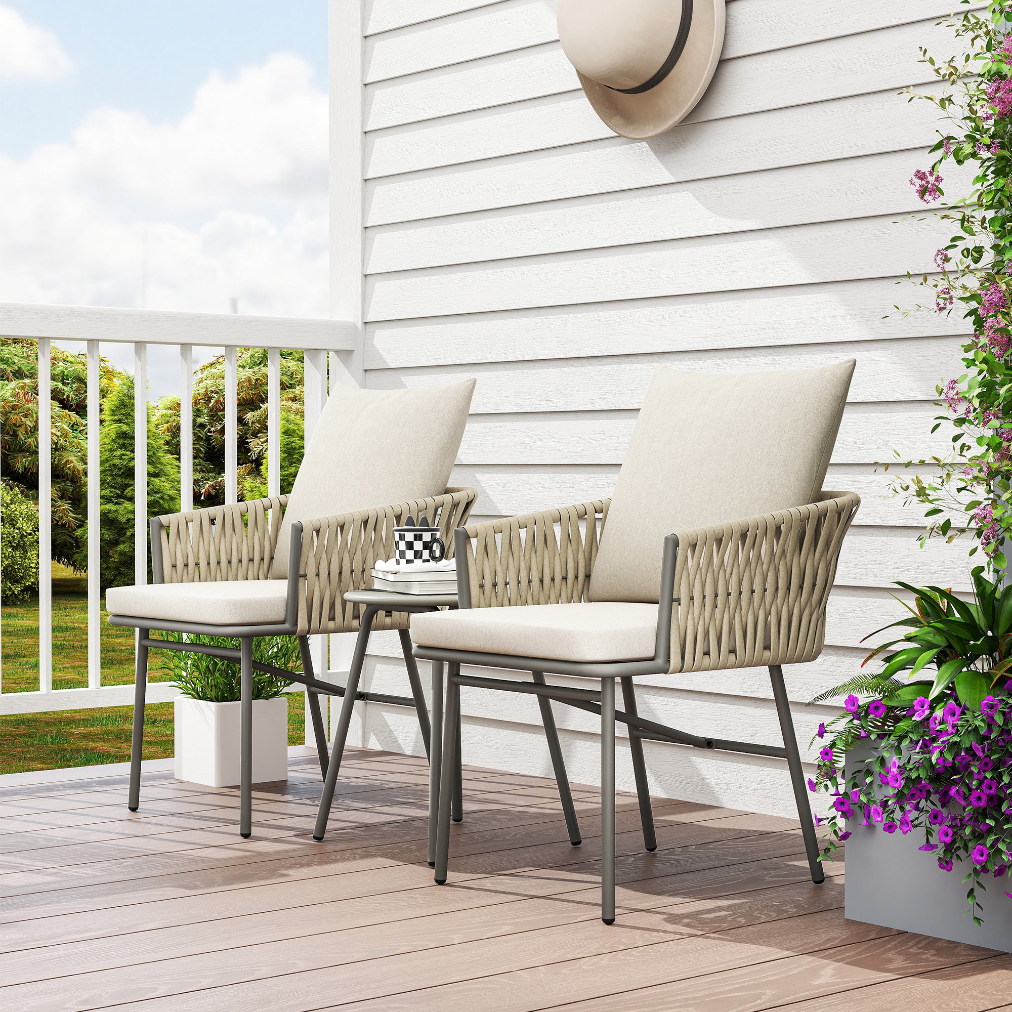 Outsunny Conjunto de Jardín Exterior de 3 Piezas Muebles de Jardín con 2 Sillas con Cojines Extraíbles Lavables y Mesa Terraza con Tablero de Metal Impermeable Anti-UV para Balcón Patio Gris y Crema