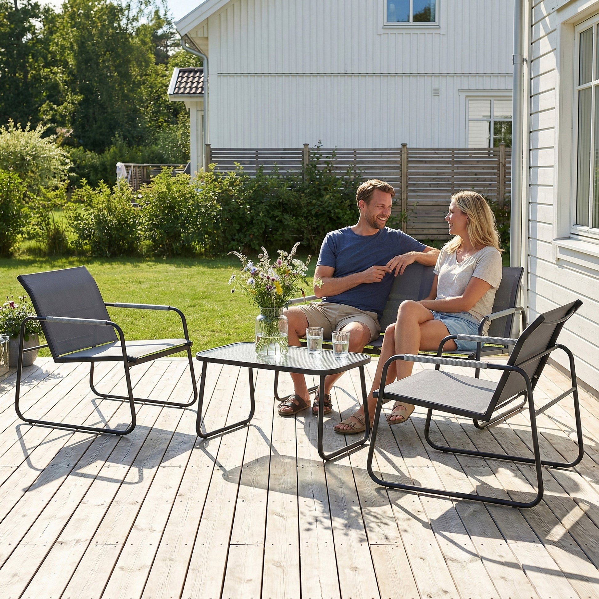 Outsunny Conjunto de Jardín Exterior de 4 Piezas, Muebles Jardín Exterior con 1 Sofá de 2 Plazas, 2 Sillones y Mesa de Vidrio Templado, Estructura de Acero y Textilene Transpirable, Gris
