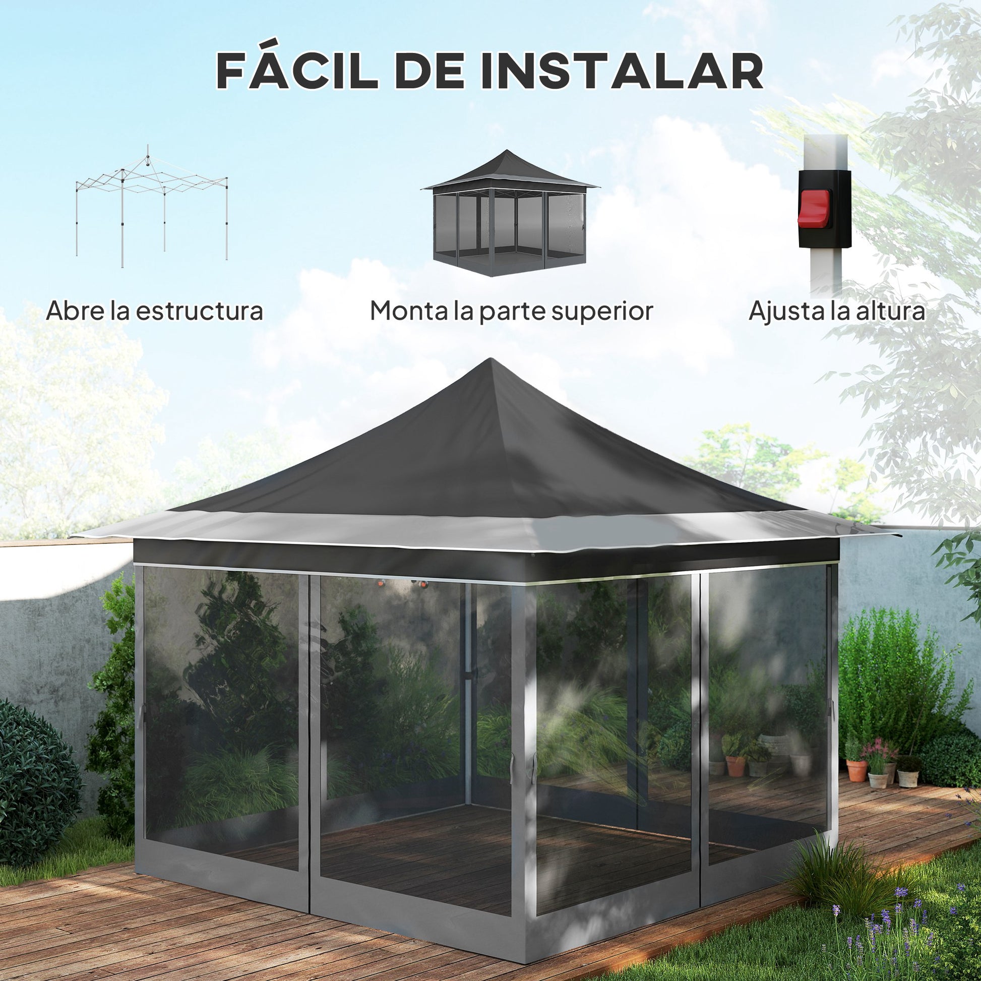 Outsunny Carpa Plegable 3,5x3,5x3 m Cenador de Jardín con Altura Ajustable 4 Mosquiteras Protección UV50+ Impermeable y Bolsa de Transporte Gazebo para Exterior Fiestas Camping Gris Oscuro