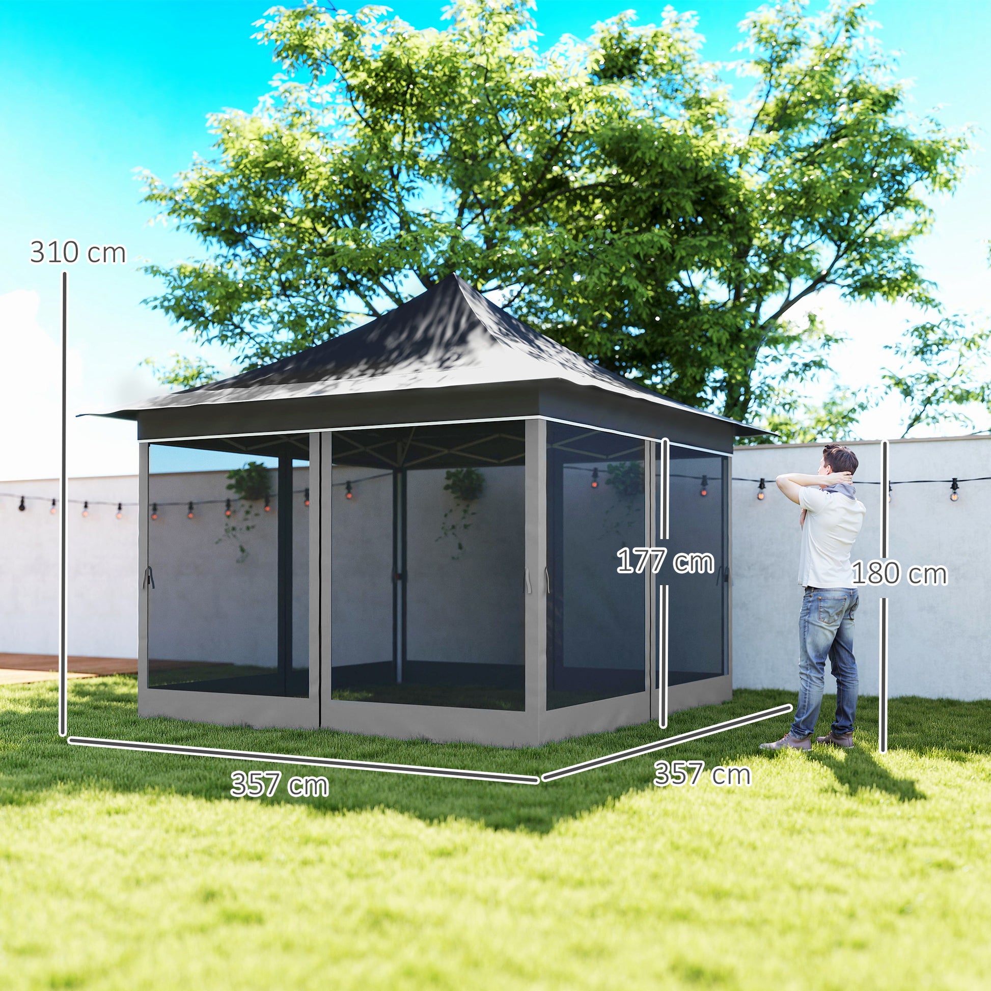 Outsunny Carpa Plegable 3,5x3,5x3 m Cenador de Jardín con Altura Ajustable 4 Mosquiteras Protección UV50+ Impermeable y Bolsa de Transporte Gazebo para Exterior Fiestas Camping Gris Oscuro
