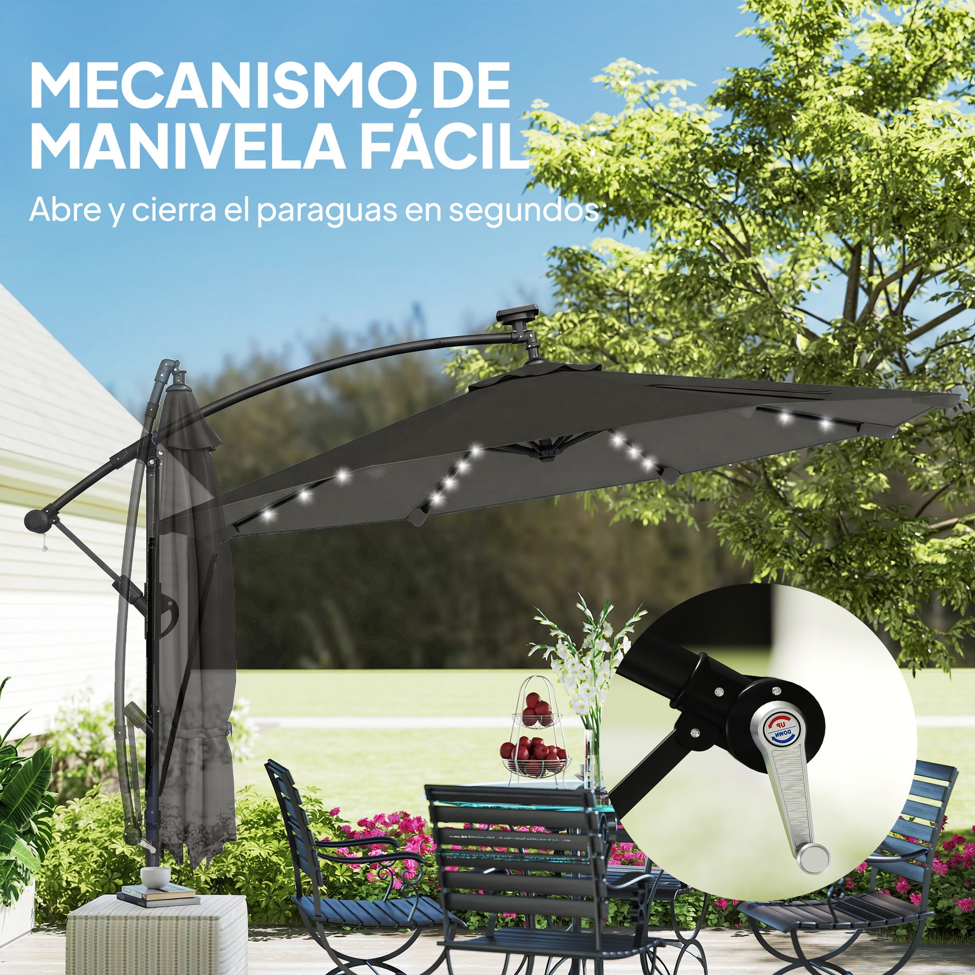 Outsunny Parasol Excéntrico con Luces LED Solares, Ø345 cm, Sombrilla de Jardín de Aluminio con Base Cruzada, Manivela, Funda Protectora, Cuerdas de Viento, UPF50+, para Terraza, Patio, Gris Oscuro
