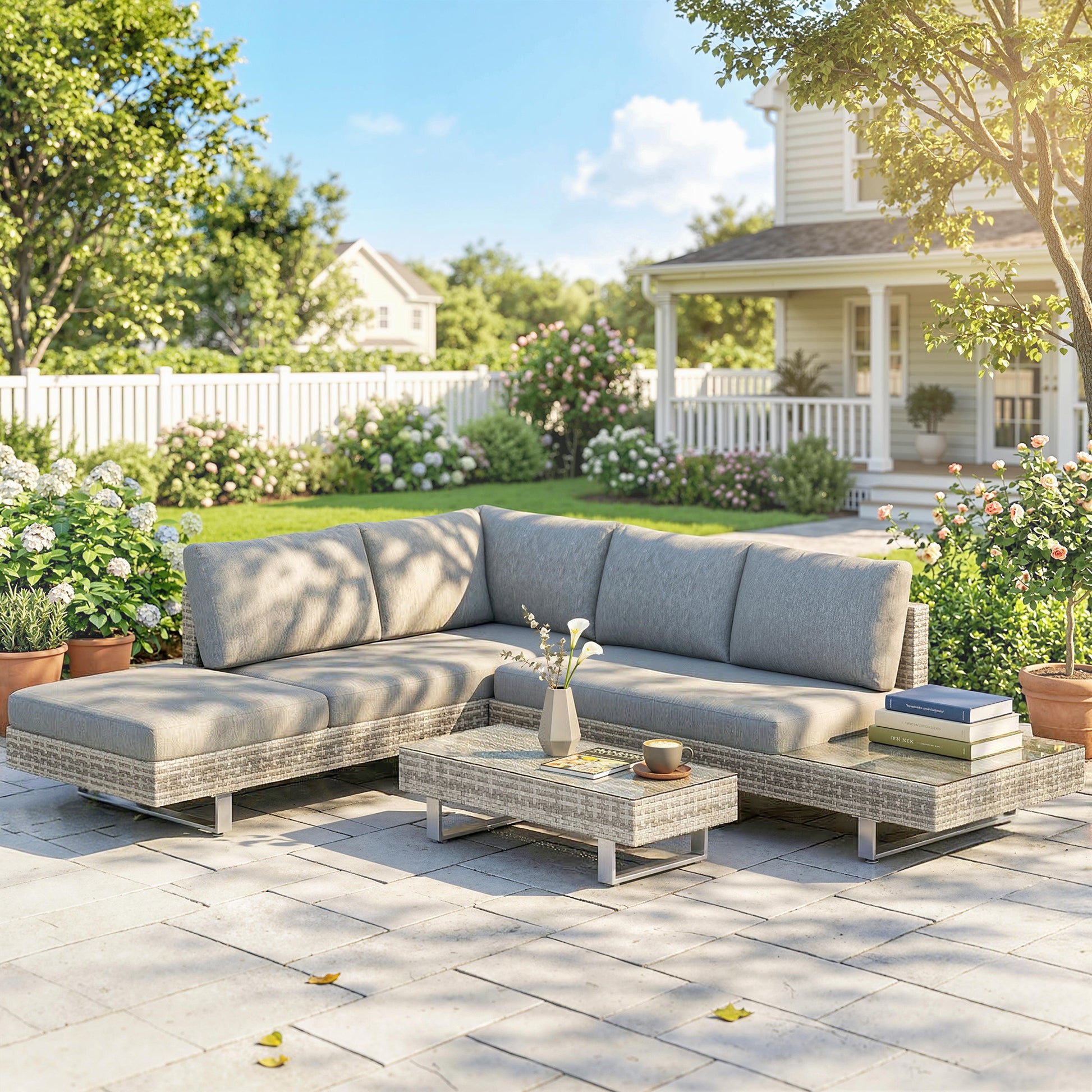 Outsunny Conjunto de Jardín de Ratán de 3 Piezas, Conjunto Terraza Resistente, Muebles Jardín Exterior Incluye Cojines, Sofá de 3 Plazas, Sofá de 2 Plazas con Mesa Lateral, Mesa Centro de Vidrio Gris