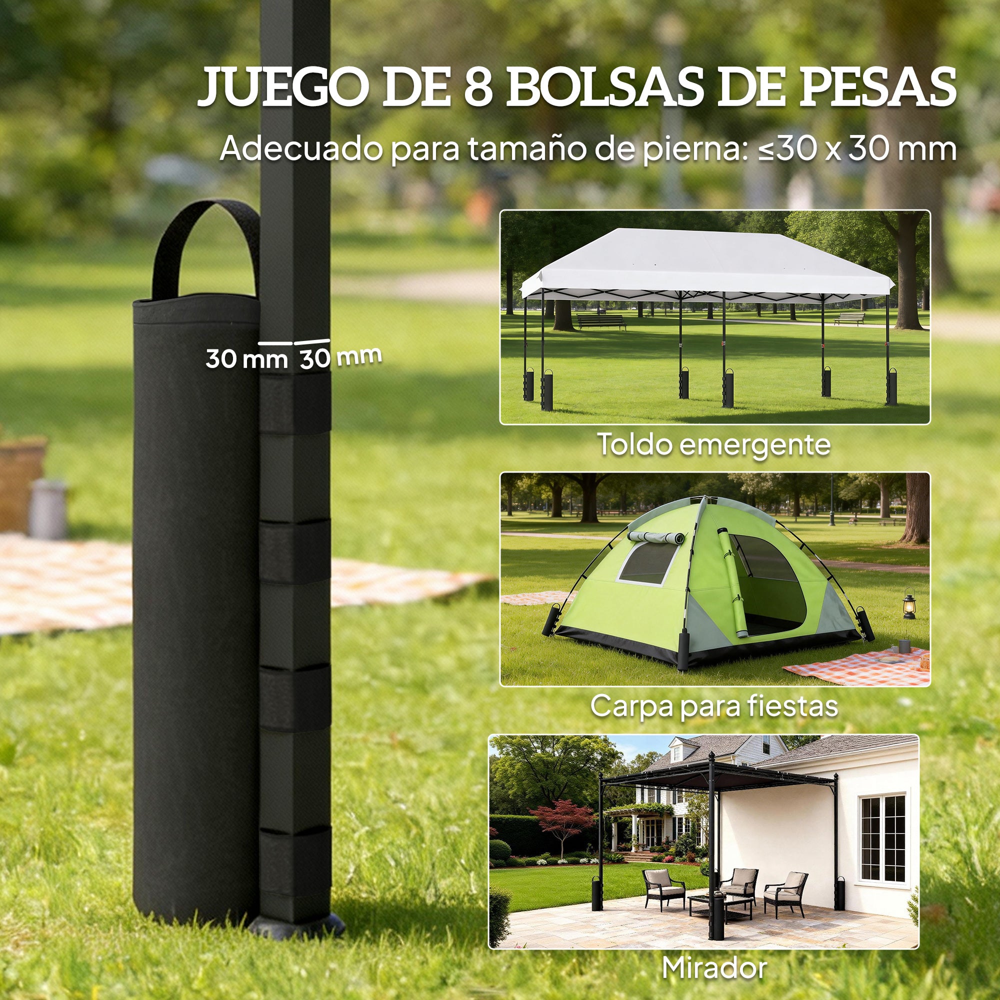 Outsunny Pack 8 Pesos para Carpas, Bolsas de Pesos Pesas de Piernas para Cenador, Pabellón, Gazebo, de Tela Oxford 600D, Bolsas de Arena para Exteriores, sin Arena, Negro
