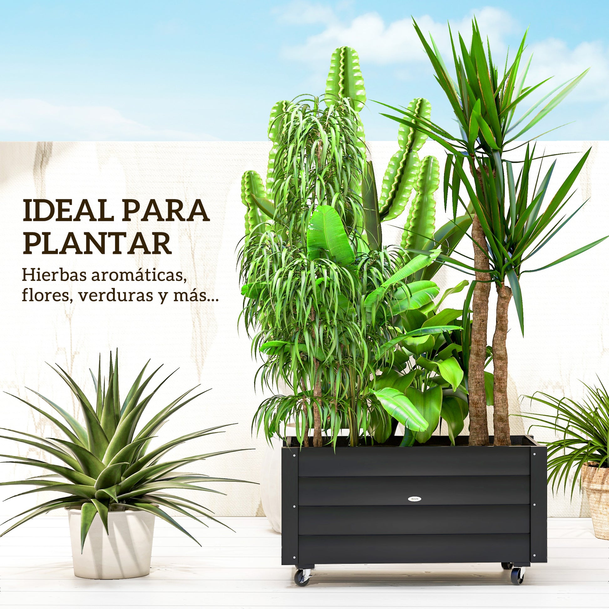 Outsunny Jardinera de Madera con Ruedas, Huerto Urbano para Cultivar Plantas, Macetero Exterior con Orificios de Drenaje y Tela no Tejida, para Jardin, Terraza, Balcón y Patio, 89x48x47 cm, Negro