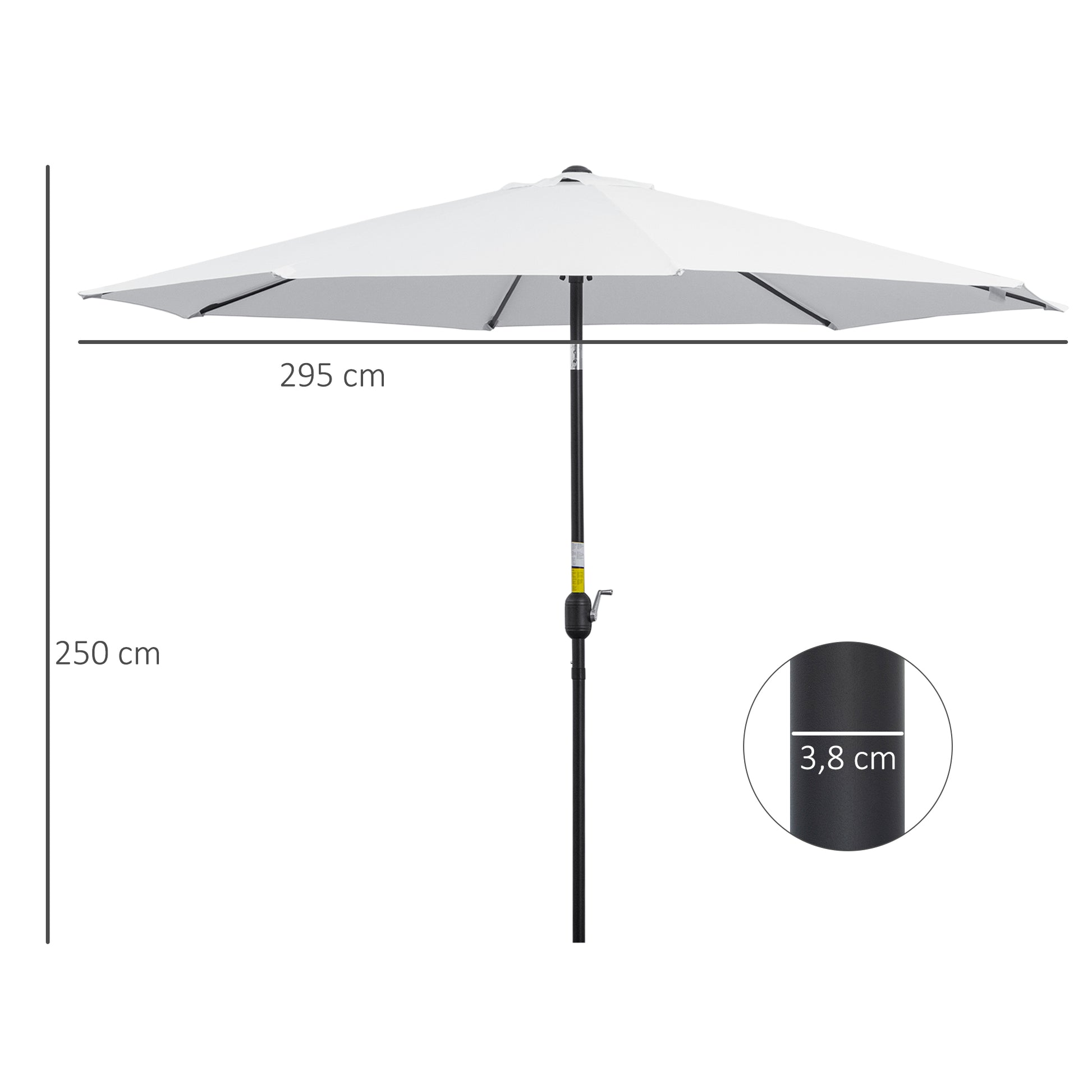 Outsunny Sombrilla de Jardín Ø295x250 cm con Manivela Parasol Exterior con Mecanismo de Inclinación y Poste Desmontable de Metal para Terraza Piscina Patio Blanco