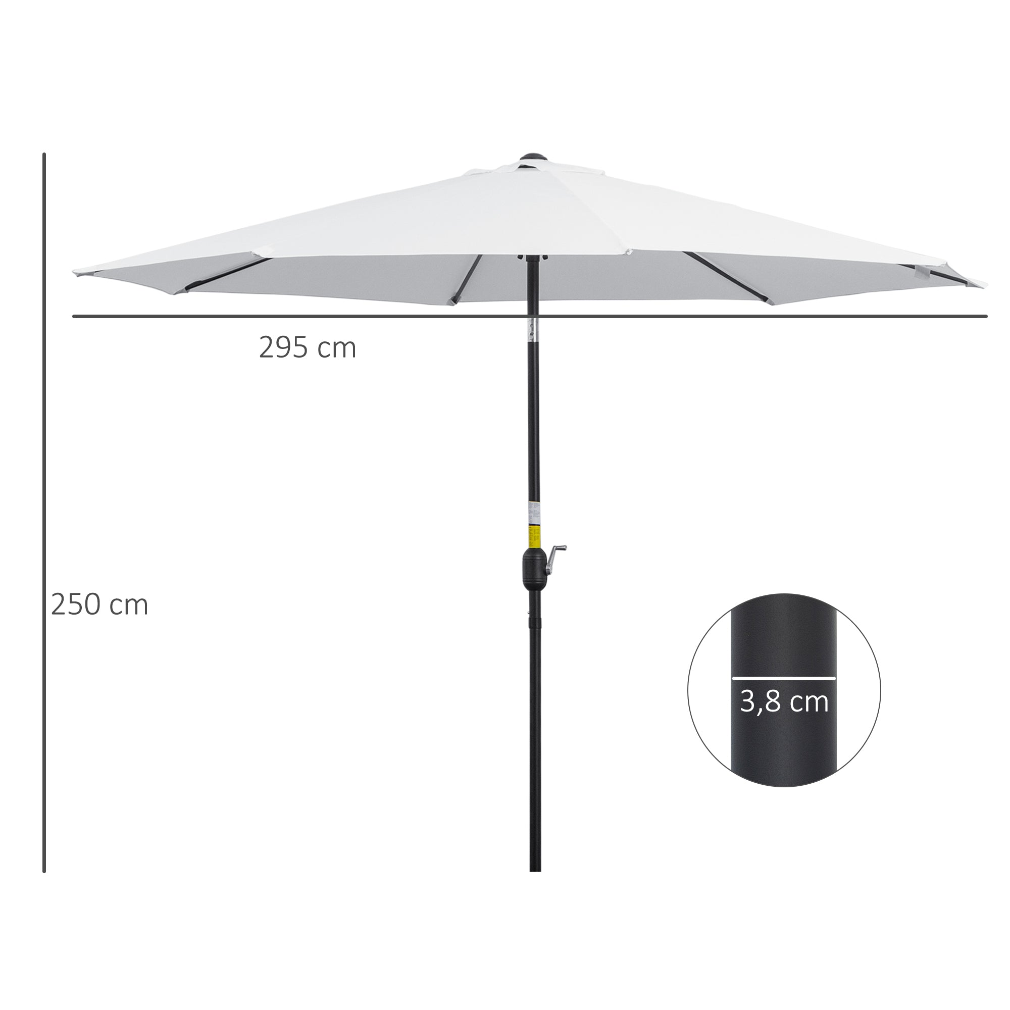 Outsunny Sombrilla de Jardín Ø295x250 cm con Manivela Parasol Exterior con Mecanismo de Inclinación y Poste Desmontable de Metal para Terraza Piscina Patio Blanco