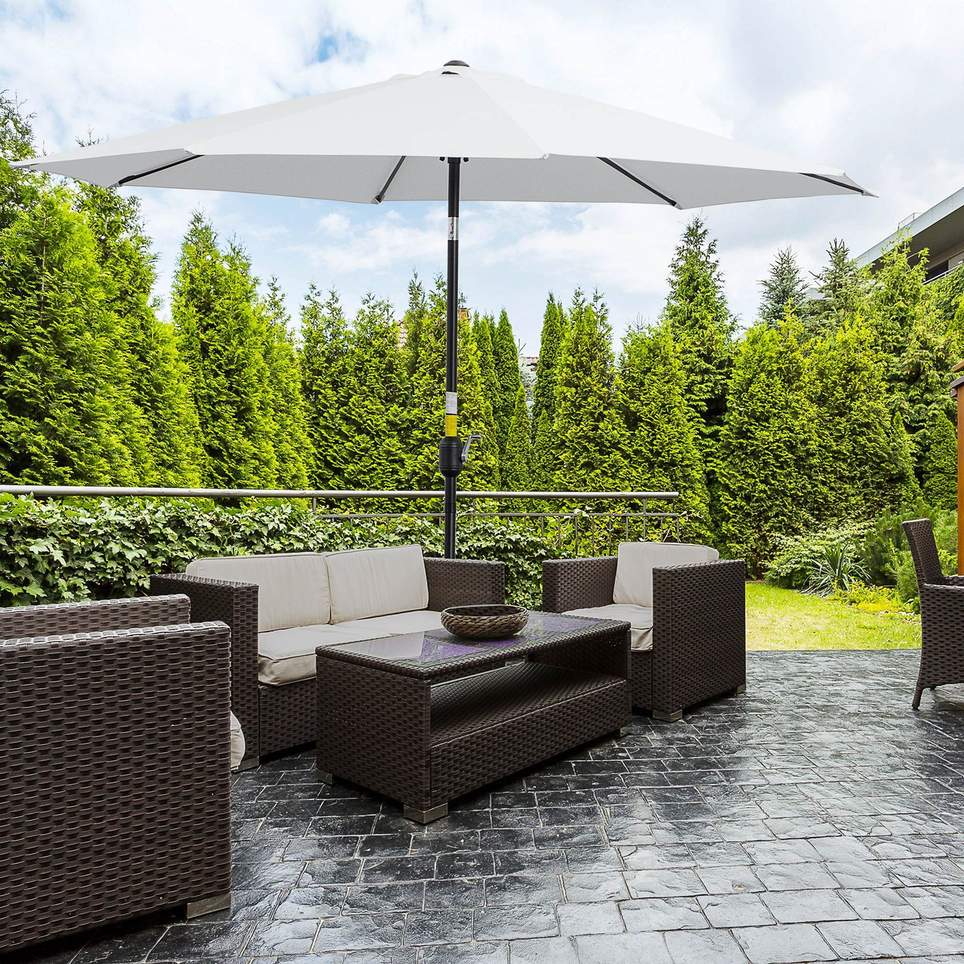 Outsunny Sombrilla de Jardín Ø295x250 cm con Manivela Parasol Exterior con Mecanismo de Inclinación y Poste Desmontable de Metal para Terraza Piscina Patio Blanco