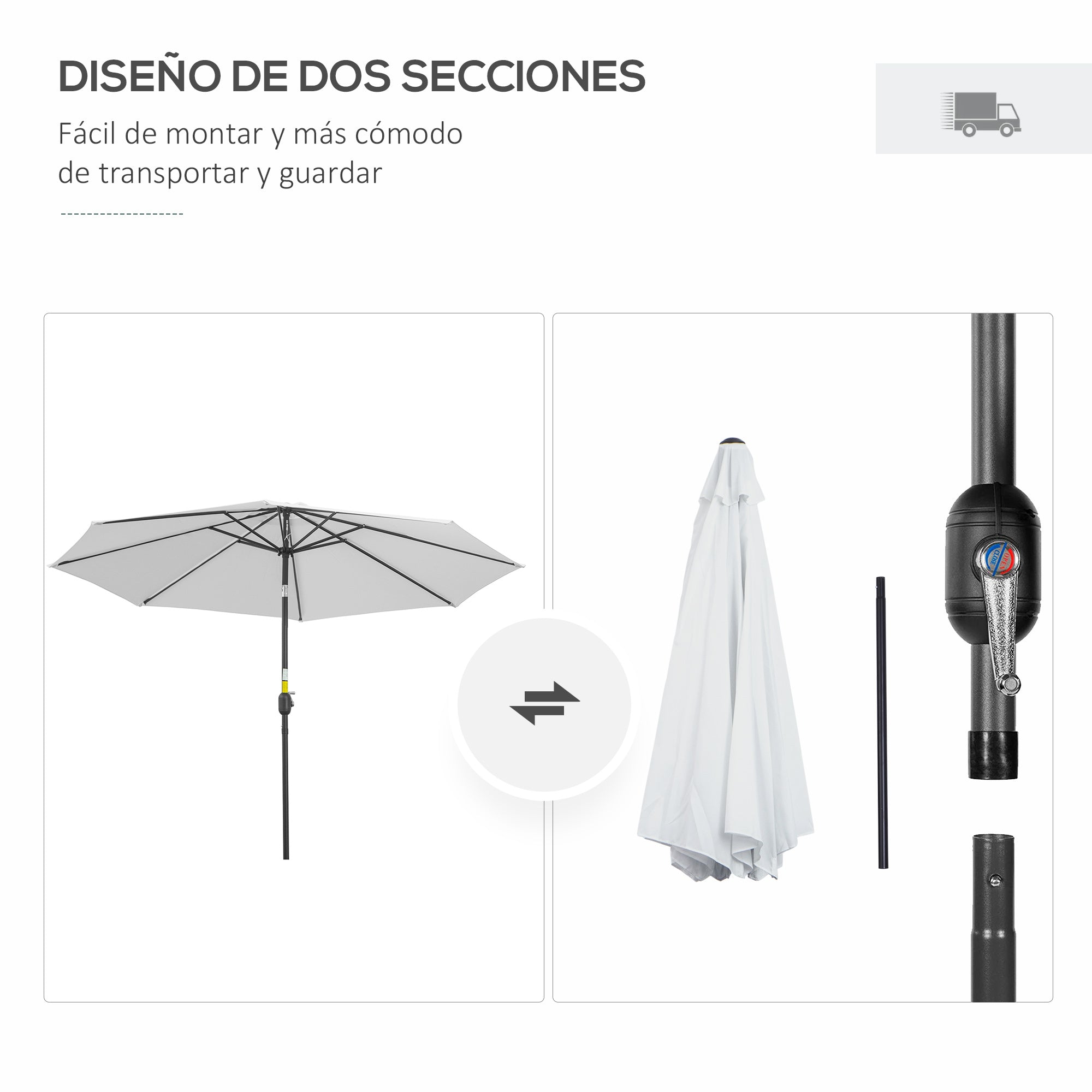 Outsunny Sombrilla de Jardín Ø295x250 cm con Manivela Parasol Exterior con Mecanismo de Inclinación y Poste Desmontable de Metal para Terraza Piscina Patio Blanco