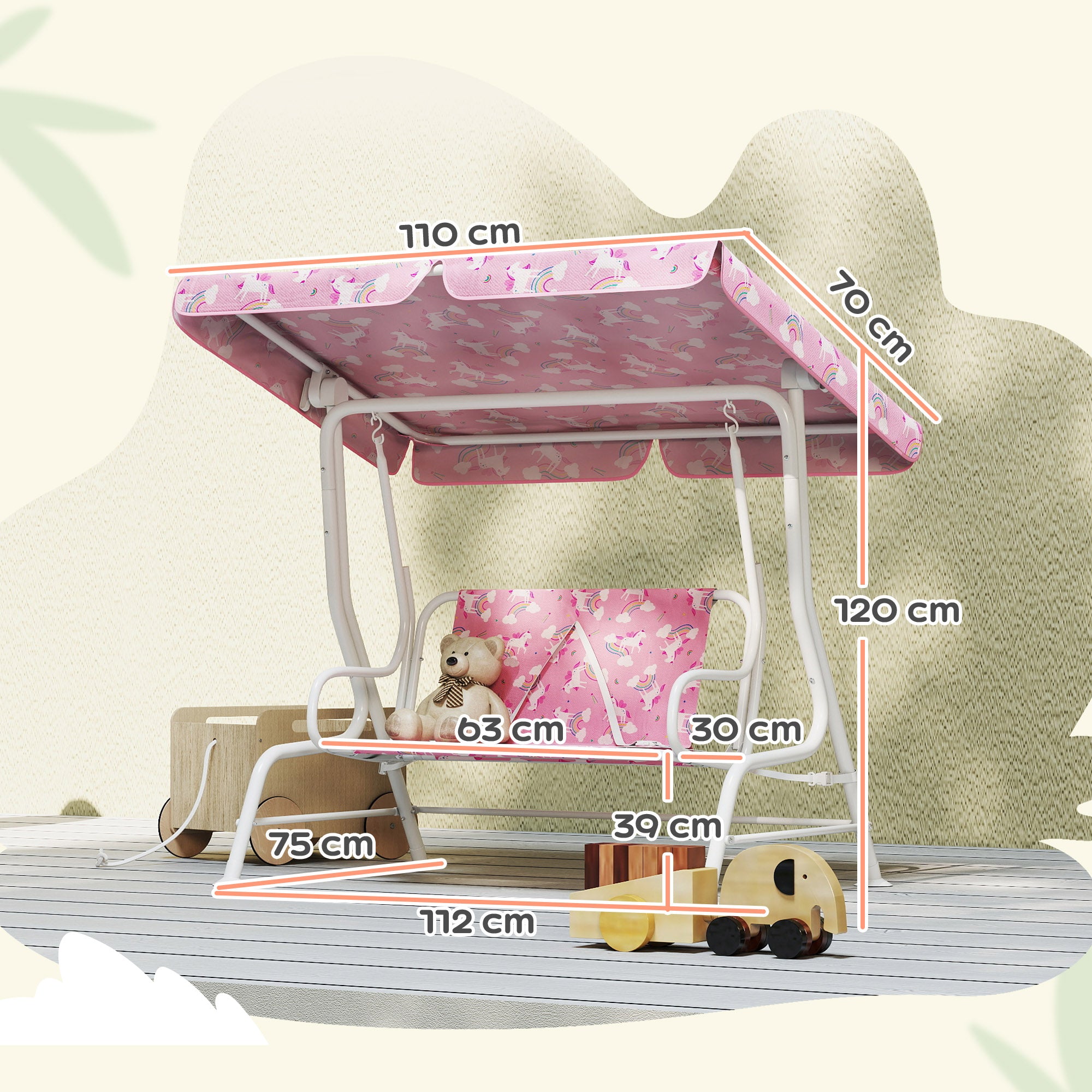 AIYAPLAY Columpio de Jardín Exterior para Niños de 2 Plazas, Balancín de Jardín, Toldo Ajustable, con Cinturones de Seguridad, Diseño de Unicornio y Arcoíris, para Interior, Patio, 112x75x120 cm, Rosa