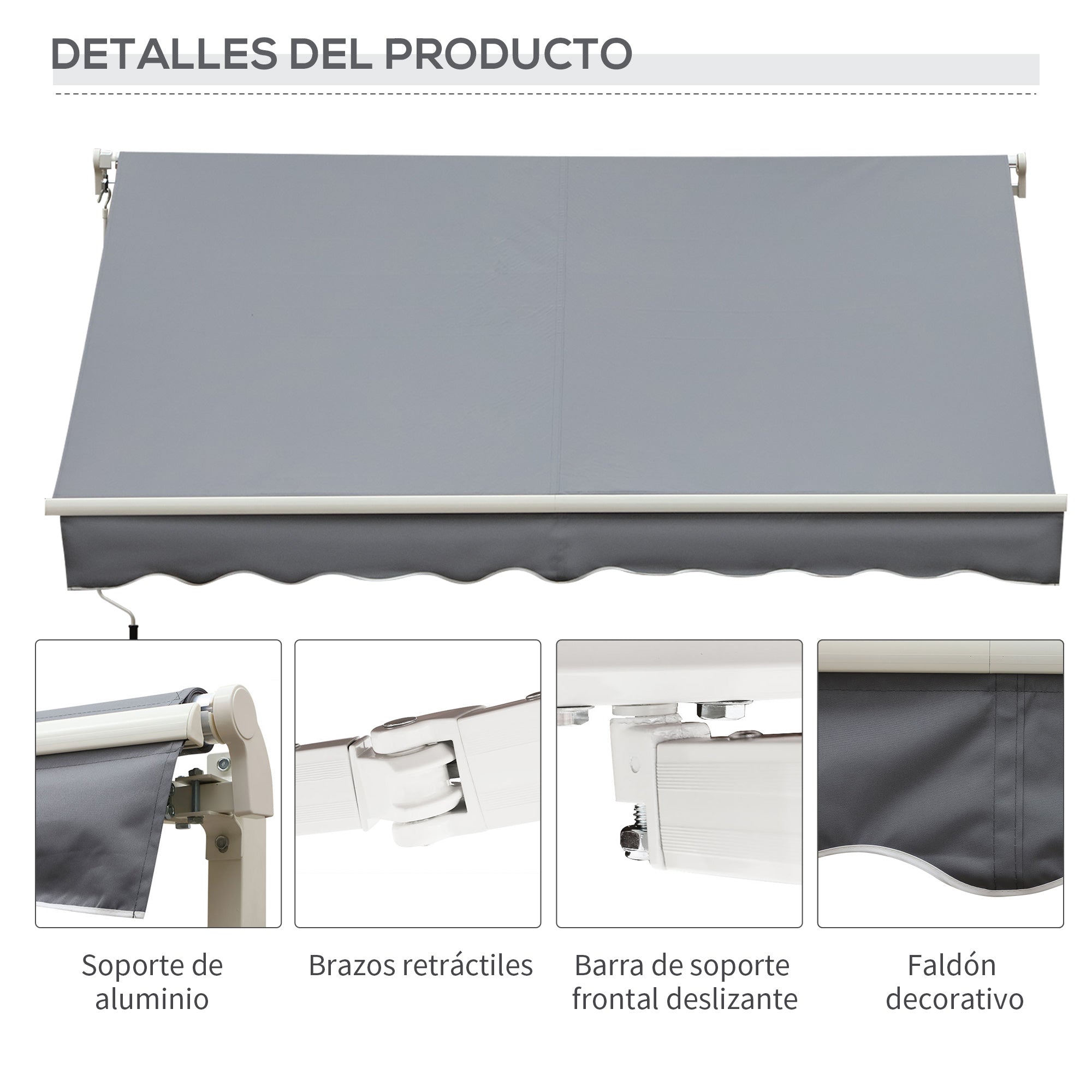 Outsunny Toldo Manual Retráctil 395x245 cm, Toldo Exterior Terraza con Ángulo Ajustable, Brazo Articulado, Montaje a Pared, Estructura de Aluminio, Anti-UV e Impermeable, para Jardín, Gris