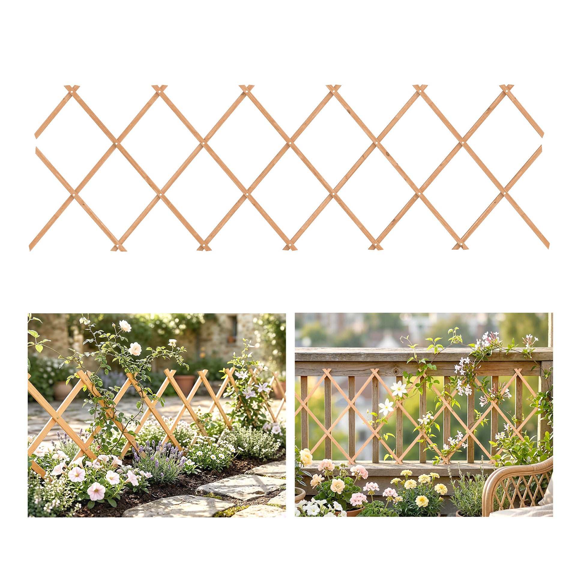 Outsunny Enrejado de Jardín de Madera Extensible, Soporte para Plantas Trepadoras, Rosas, Parra, Decoración Exterior para Patio, Balcón, 180x60 cm, Marrón Claro