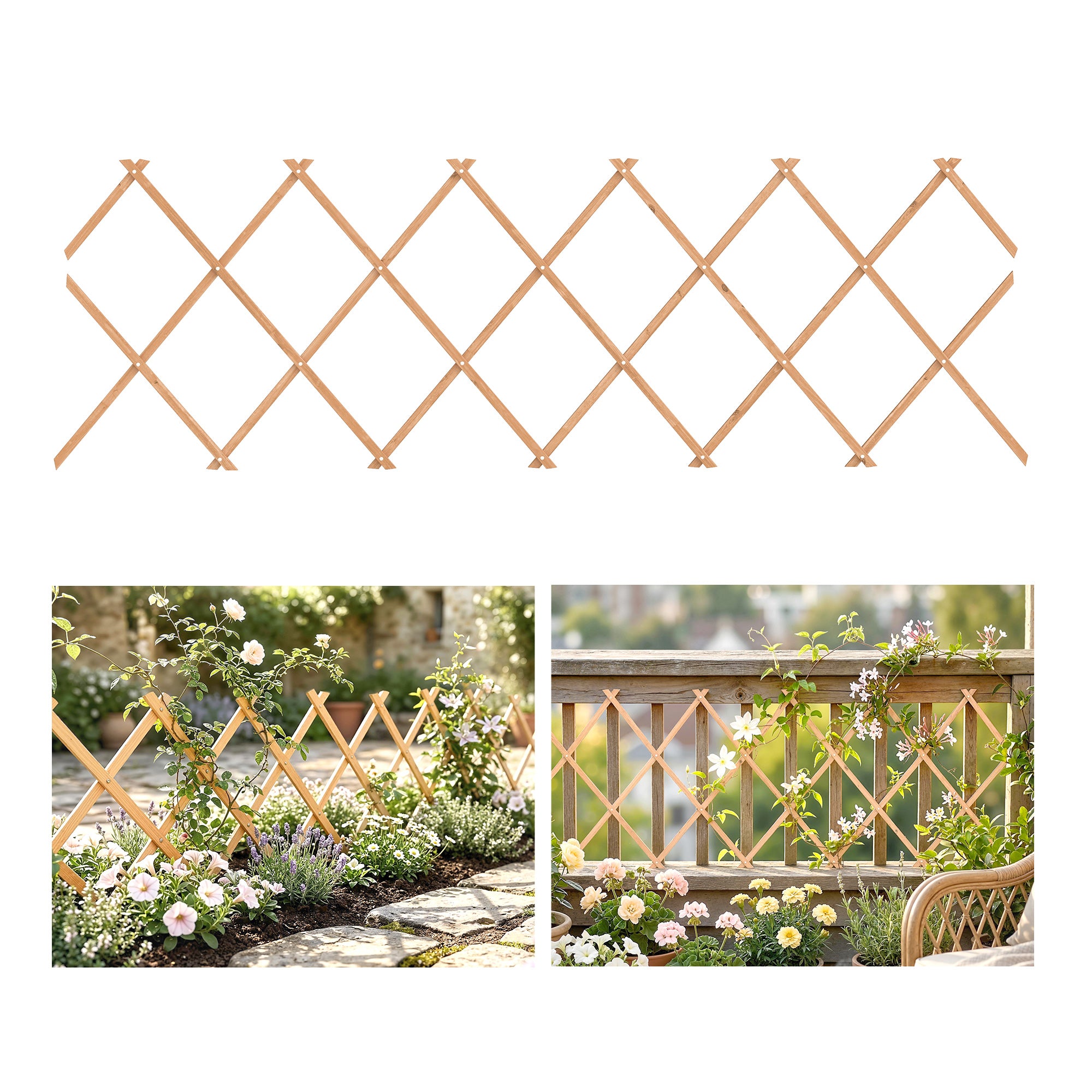 Outsunny Enrejado de Jardín de Madera Extensible, Soporte para Plantas Trepadoras, Rosas, Parra, Decoración Exterior para Patio, Balcón, 180x60 cm, Marrón Claro