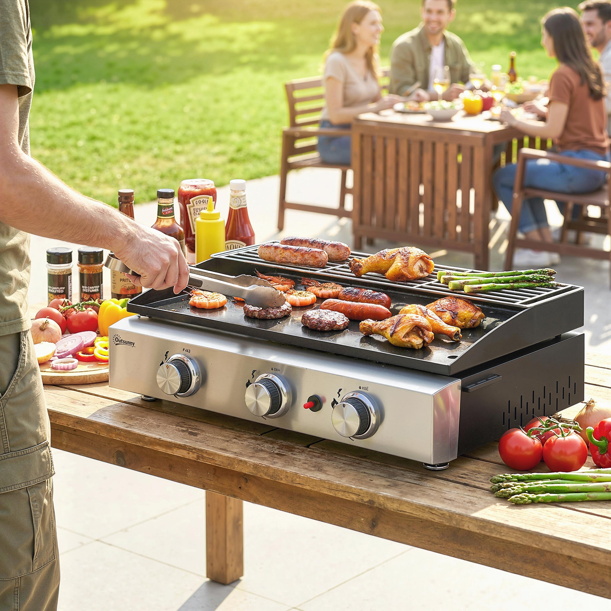 Outsunny Barbacoa de Gas BBQ Gas con 3 Quemadores 7,5 kW, Barbacoa Portátil con Plancha, Rejilla Calentadora y Recogedor Grasa, para Camping, Picnic, Terraza, Negro