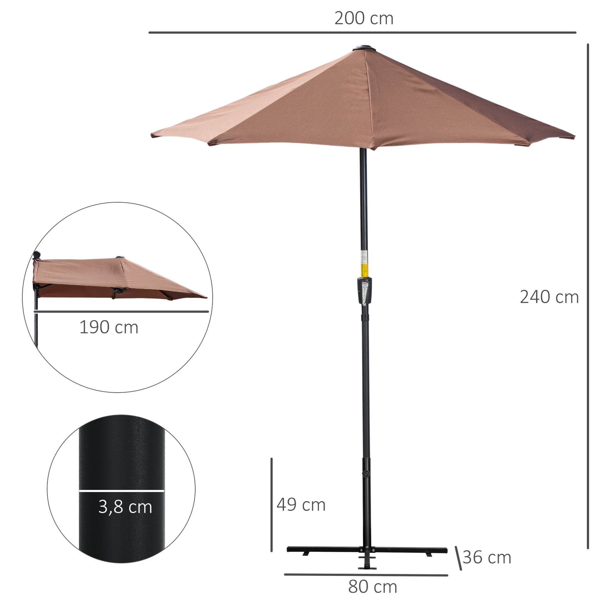 Outsunny Sombrilla de Pared de Jardín 200x190x240 cm Parasol de Terraza con Manivela Poste de Acero y Base Cruzada Anti-UV para Terraza Balcón Café