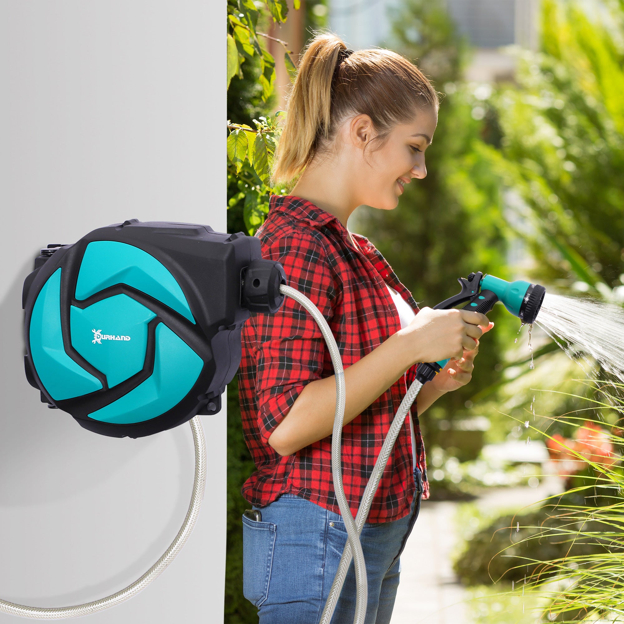 DURHAND Carrete para Manguera Retráctil 10m con 7 Modos de Riego Sistema de Enrollado Automático con Bloqueo Conector de 1m para Jardín Césped 28x14x34 cm Negro y Verde