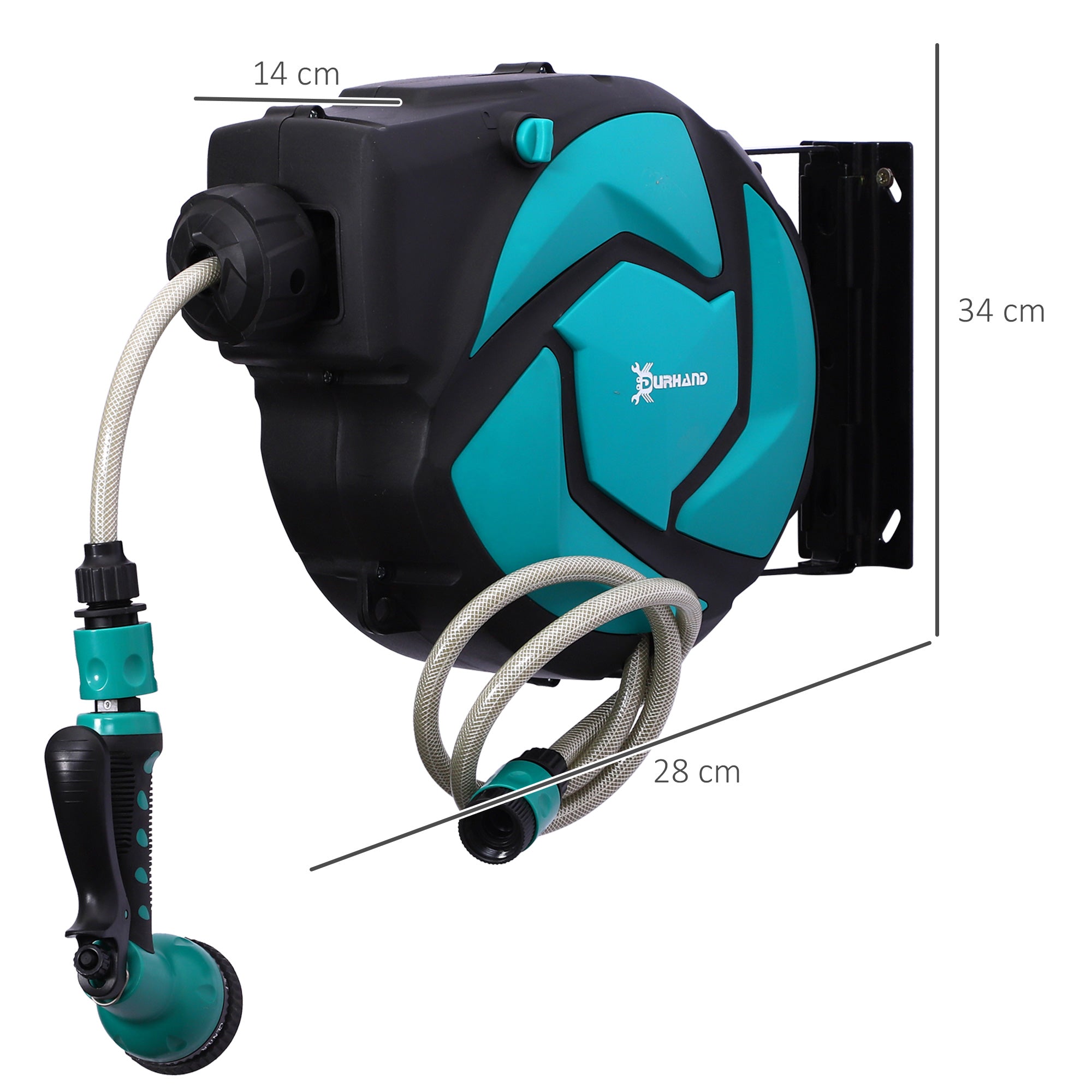 DURHAND Carrete para Manguera Retráctil 10m con 7 Modos de Riego Sistema de Enrollado Automático con Bloqueo Conector de 1m para Jardín Césped 28x14x34 cm Negro y Verde