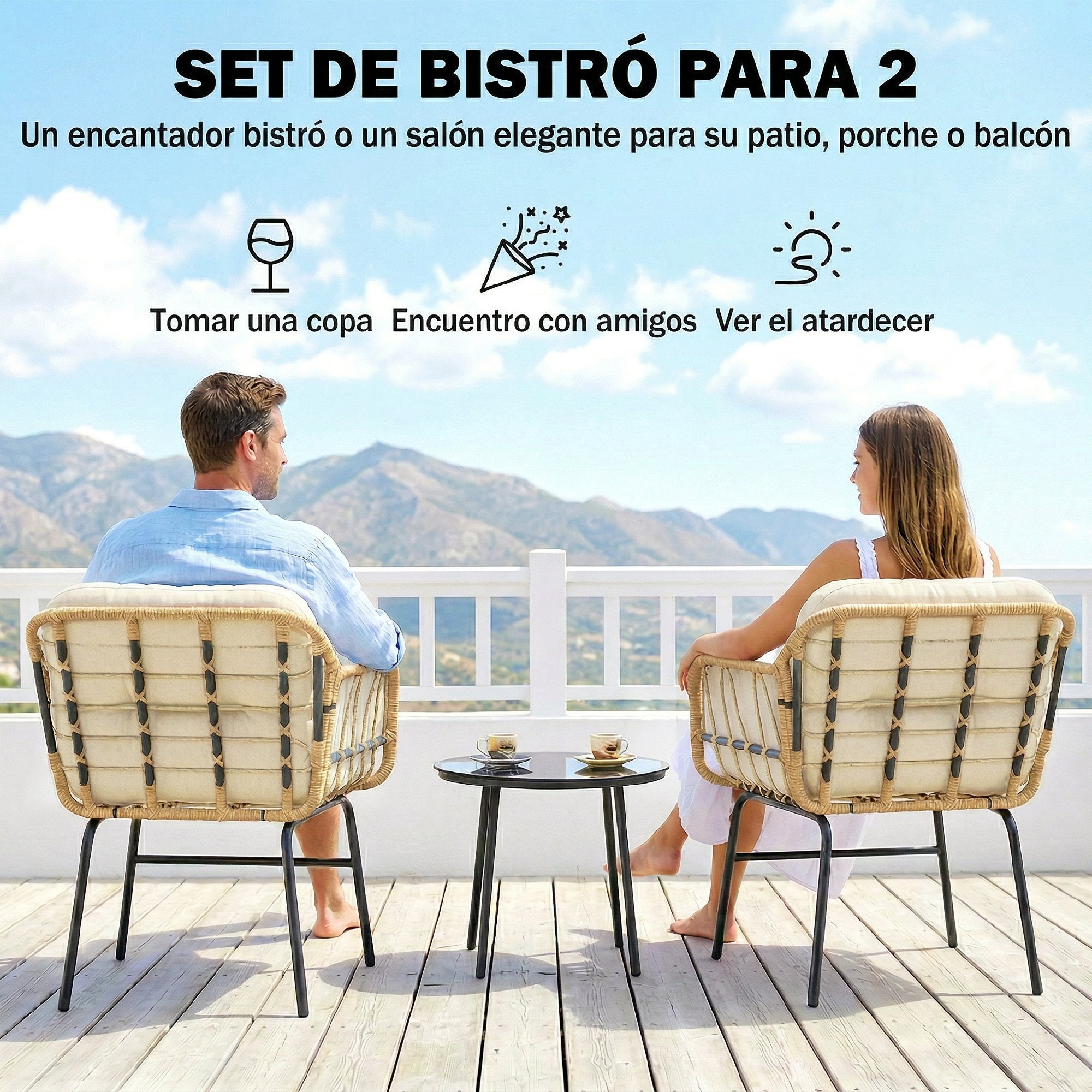 Outsunny Conjunto de Jardín Exterior de 3 Piezas, Muebles Jardín Exterior de Ratán PE, 2 Sillas con Cojines Suaves y Mesa de Vidrio Templado, Resistente a la Intemperie, para Balcón, Patio, Caqui