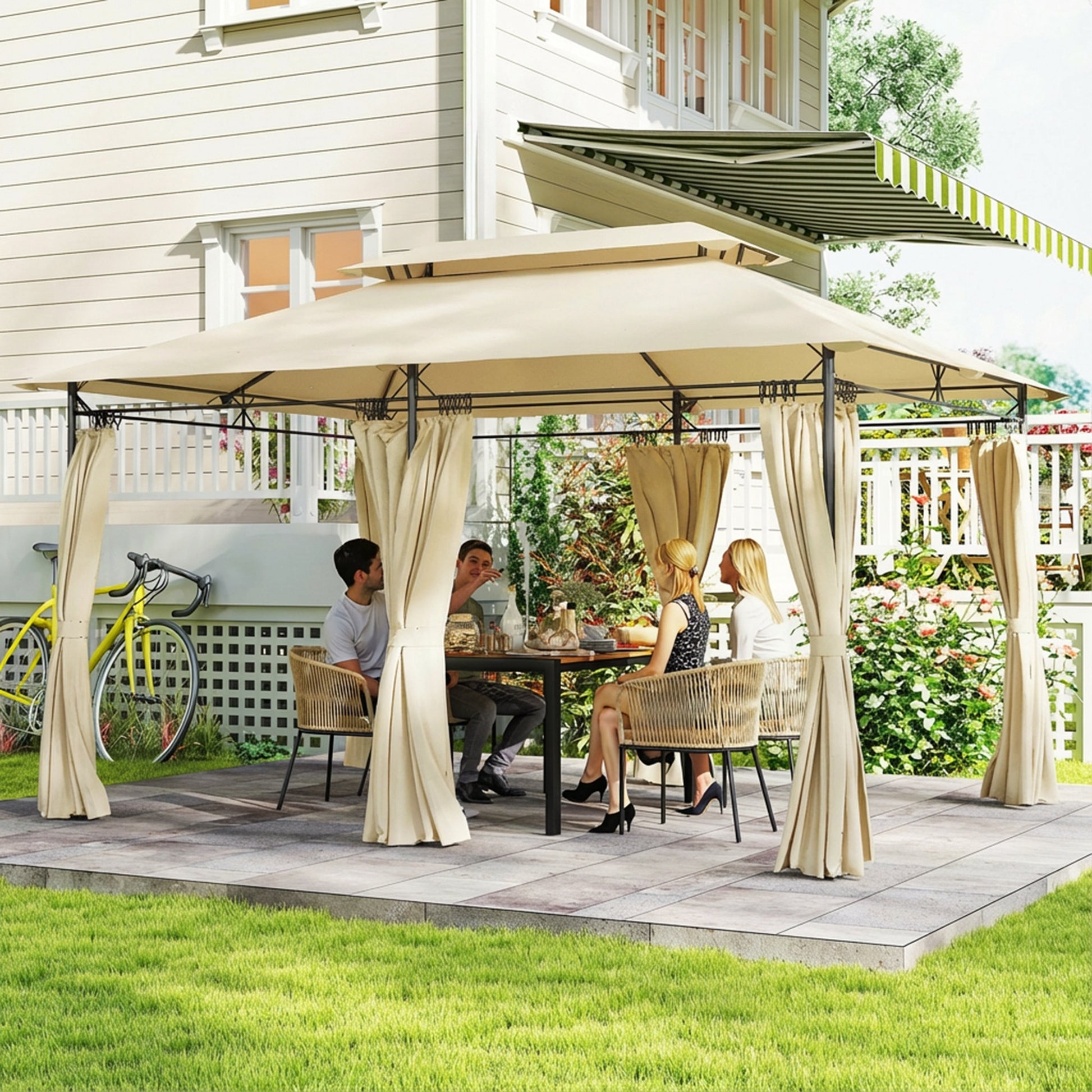 Outsunny Cenador de Jardín 4x3 m, Pabellón de Jardín Gazebo con Doble Techo, 6 Paredes Laterales, Estructura Metálica, Orificios de Drenaje, Carpa para Exterior, Terraza, Patio, Beige