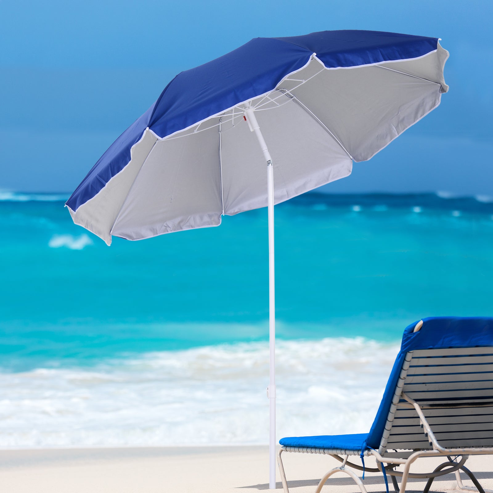 Outsunny Sombrilla de Playa Grande Ø160 cm Sombrilla de Terraza Exterior con Ángulo Ajustable Protección UV Impermeable y Bolsa de Transporte Azul