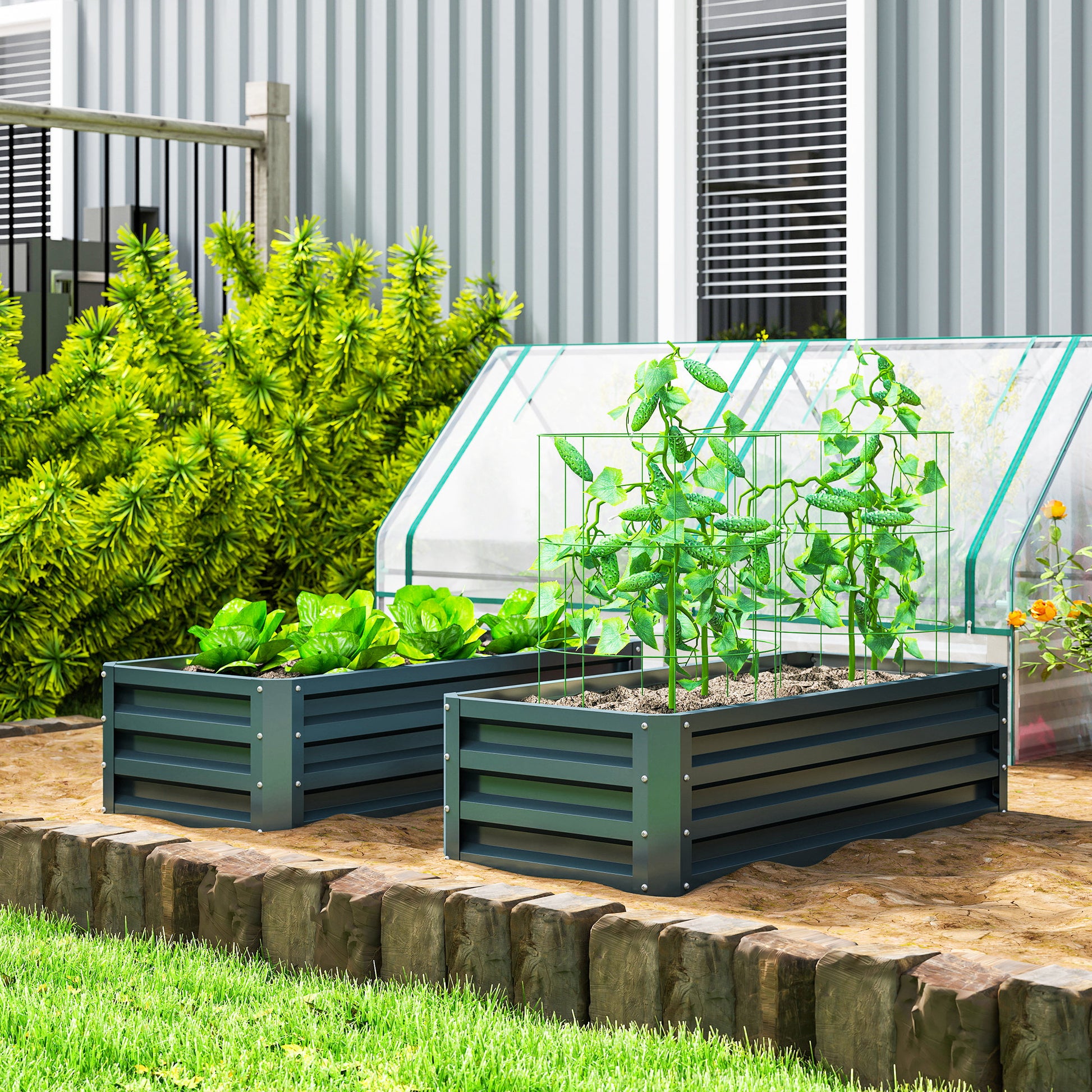 Outsunny Juego de 2 Jardineras Exterior Grandes de Acero Galvanizado, Huertos Urbanos, Maceteros Exterior Elevados para Plantas, Flores, Terraza, Jardín, Resistente a la Intemperie, 110x50x30 cm Verde