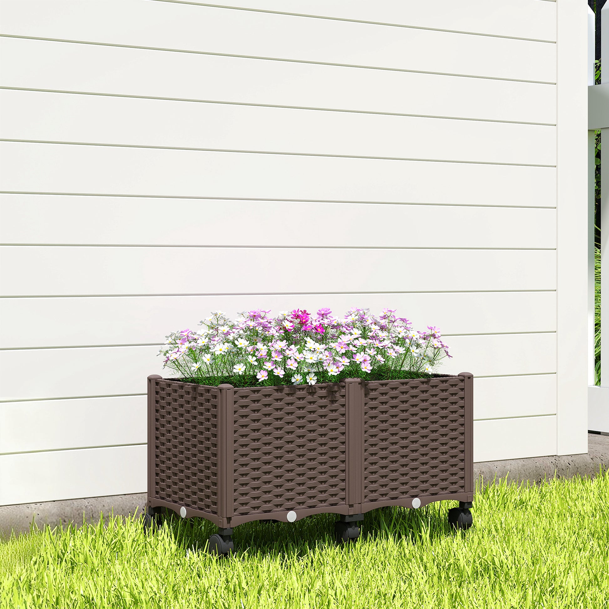 Outsunny Jardinera Elevada con 6 Ruedas, Jardinera Exterior Móvil de Plástico con Riego Automático y Drenaje, Macetero Exterior para Cultivos, Plantas, Jardín, Terraza, 80x40x43 cm, Marrón
