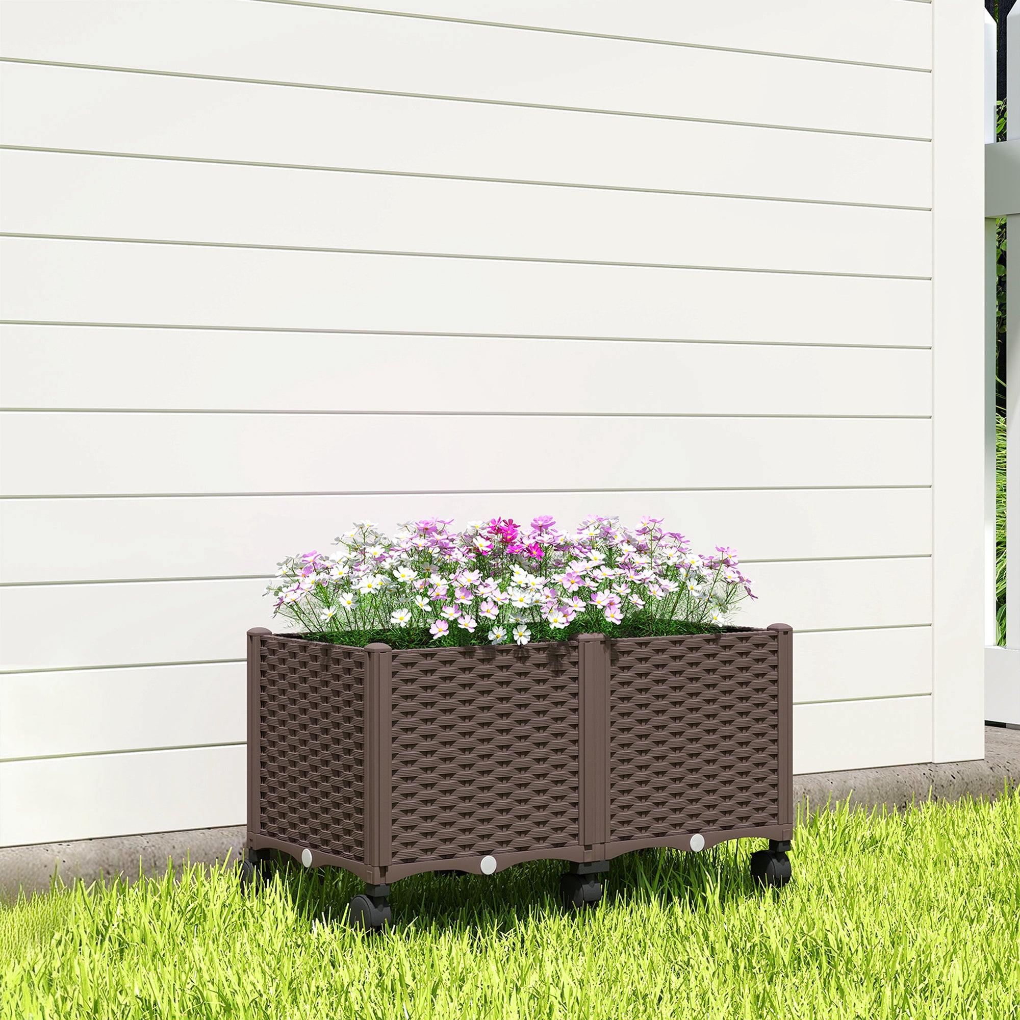 Outsunny Jardinera Elevada con 6 Ruedas, Jardinera Exterior Móvil de Plástico con Riego Automático y Drenaje, Macetero Exterior para Cultivos, Plantas, Jardín, Terraza, 80x40x43 cm, Marrón