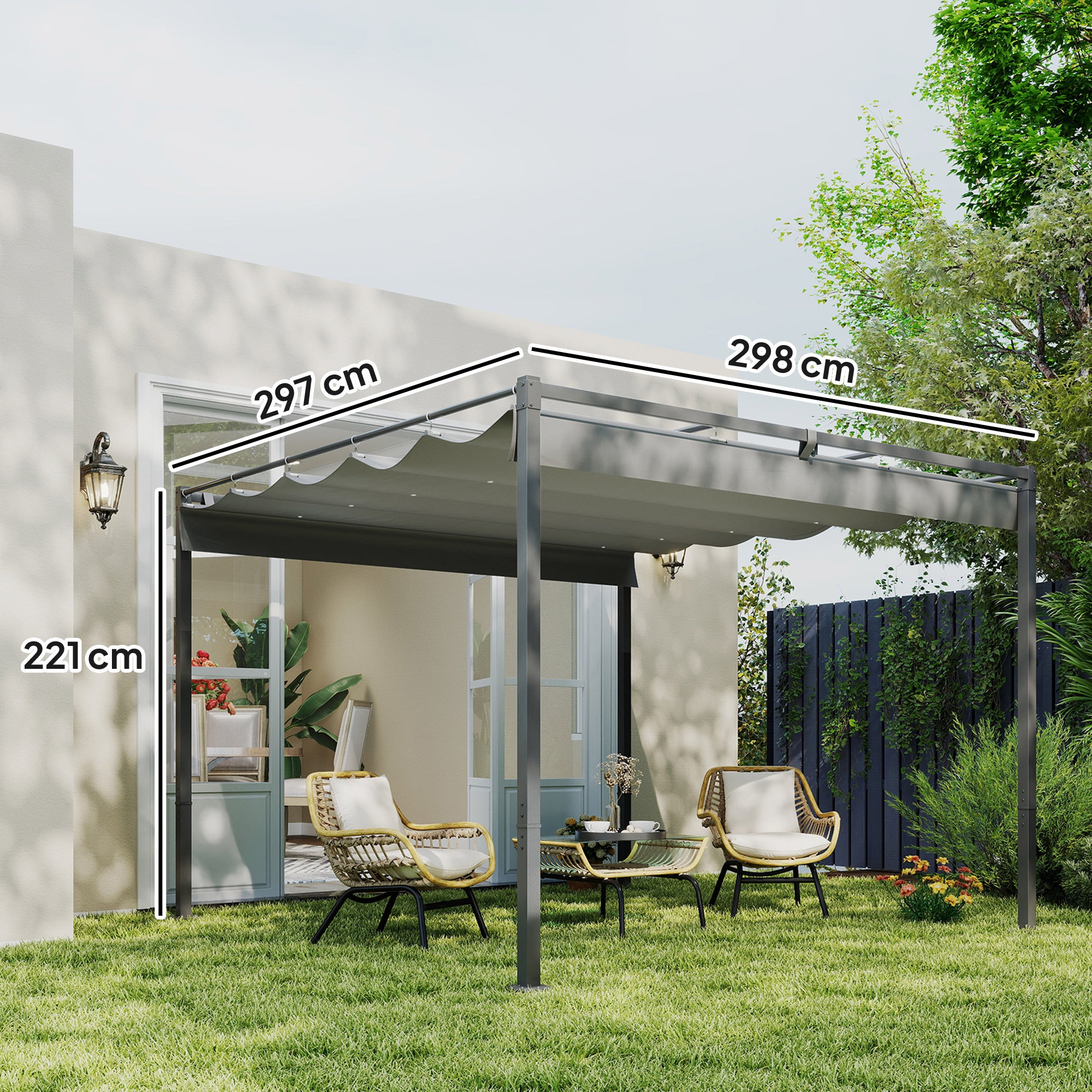 Outsunny Pérgola con Techo Retráctil Pérgola de 3x3 m Cenador de Pared o Independiente con Cierre Magnético Protección UV30+ Pabellón para Jardín Patio Terraza Exterior Gris