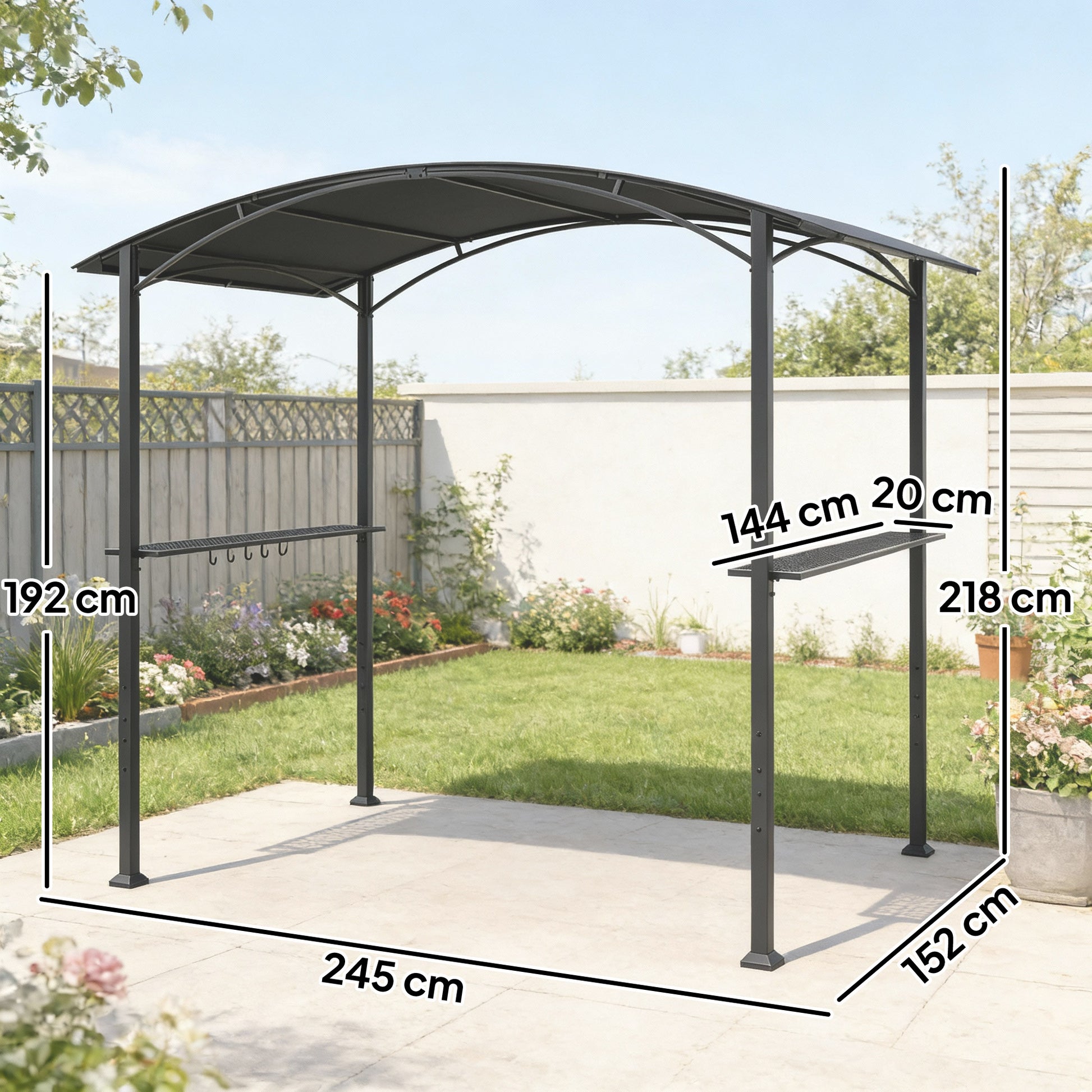 Outsunny Carpa Barbacoa 2,4 x 1,5 m, Cenador de Pérgola con 2 Estantes Laterales, Toldo Resistente a la intemperie, Ganchos y Estructura de Acero, para Jardín Terraza Exterior Camping BBQ, Gris Oscuro
