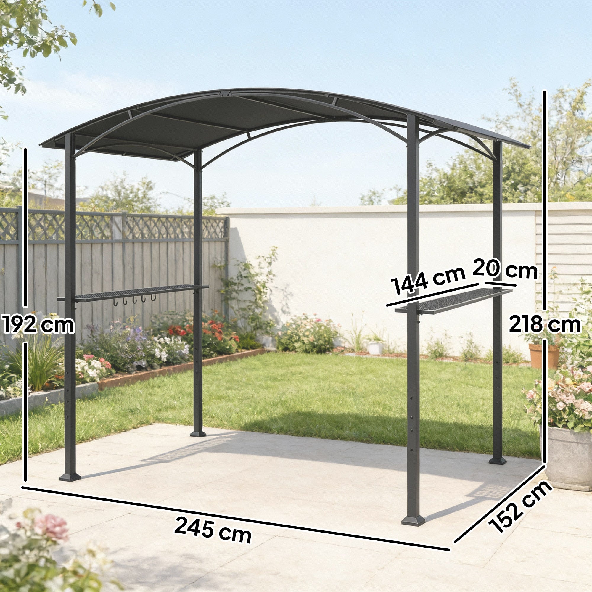Outsunny Carpa Barbacoa 2,4 x 1,5 m, Cenador de Pérgola con 2 Estantes Laterales, Toldo Resistente a la intemperie, Ganchos y Estructura de Acero, para Jardín Terraza Exterior Camping BBQ, Gris Oscuro