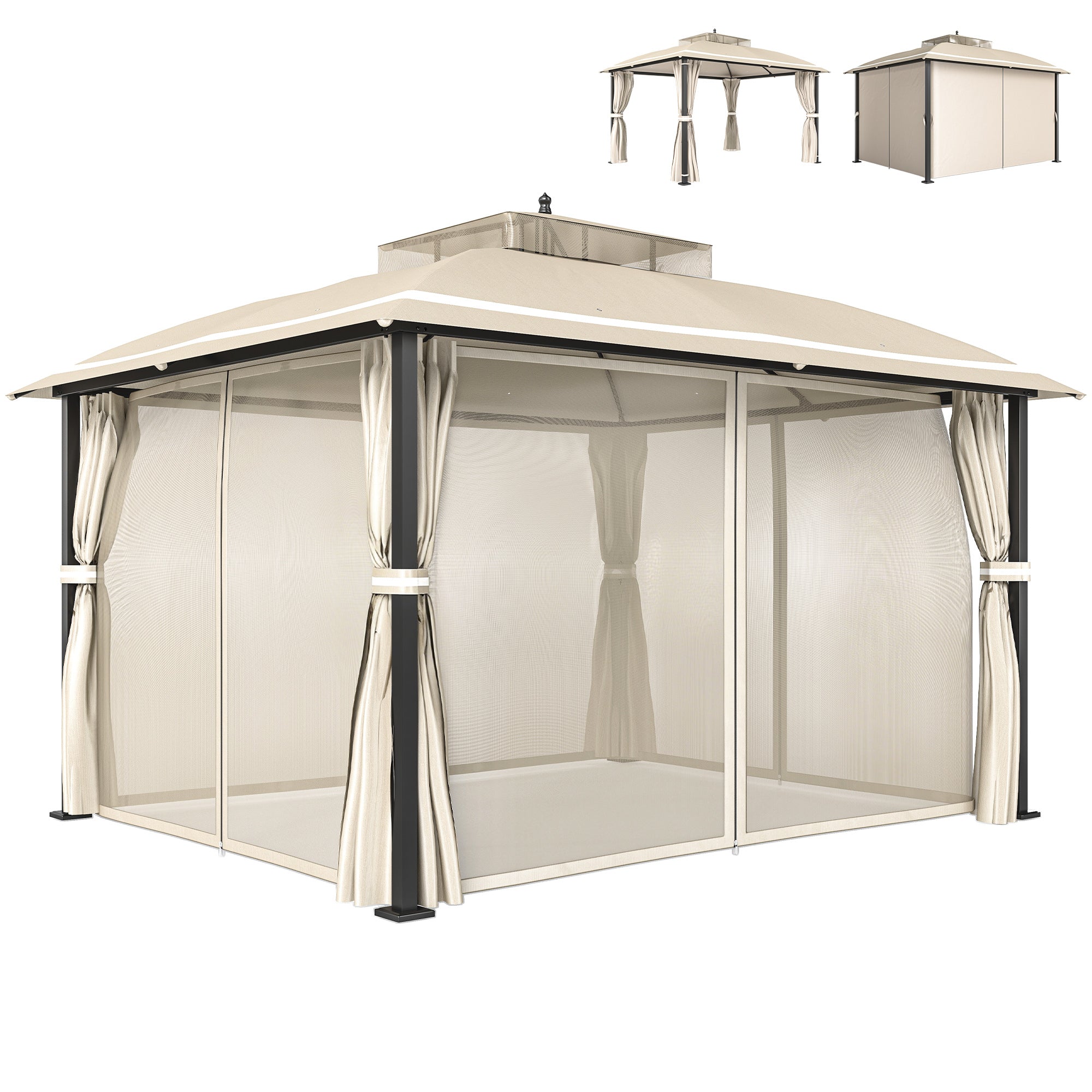 Outsunny Cenador para Jardín 3x3,7 m, Pabellón de Jardín Gazebo con Doble Techo, Paredes Laterales, Mosquiteras, Marco de Metal, Resistente al Agua, Anti-UV, Carpa para Exterior, Terraza, Patio, Beige