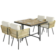 Outsunny Conjunto de Mesa y Sillas Jardín de Ratán de 5 Piezas, Muebles Jardín Exterior con Mesa de Plástico-Madera y 4 Sillas con Cojines Extraíbles, Marco de Metal Resistente para Terraza, Beige