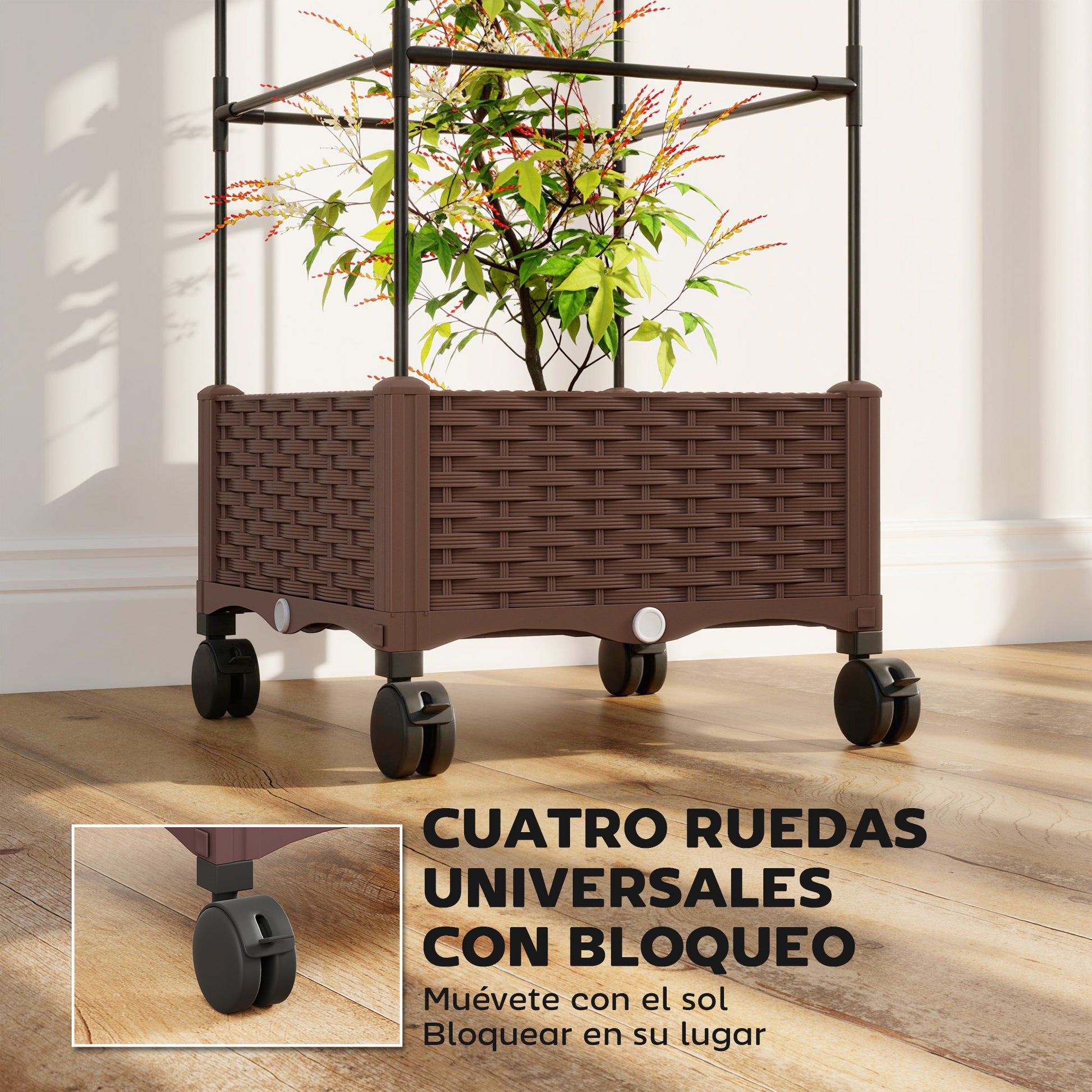 Outsunny Jardinera con Enrejado Ajustable, Jardinera Exterior con Ruedas Bloqueables para Plantas Trepadoras con Ofricios de Drenaje, Macetero Elevado para Jardín, Patio, Terraza, 40x40x165 cm, Marrón