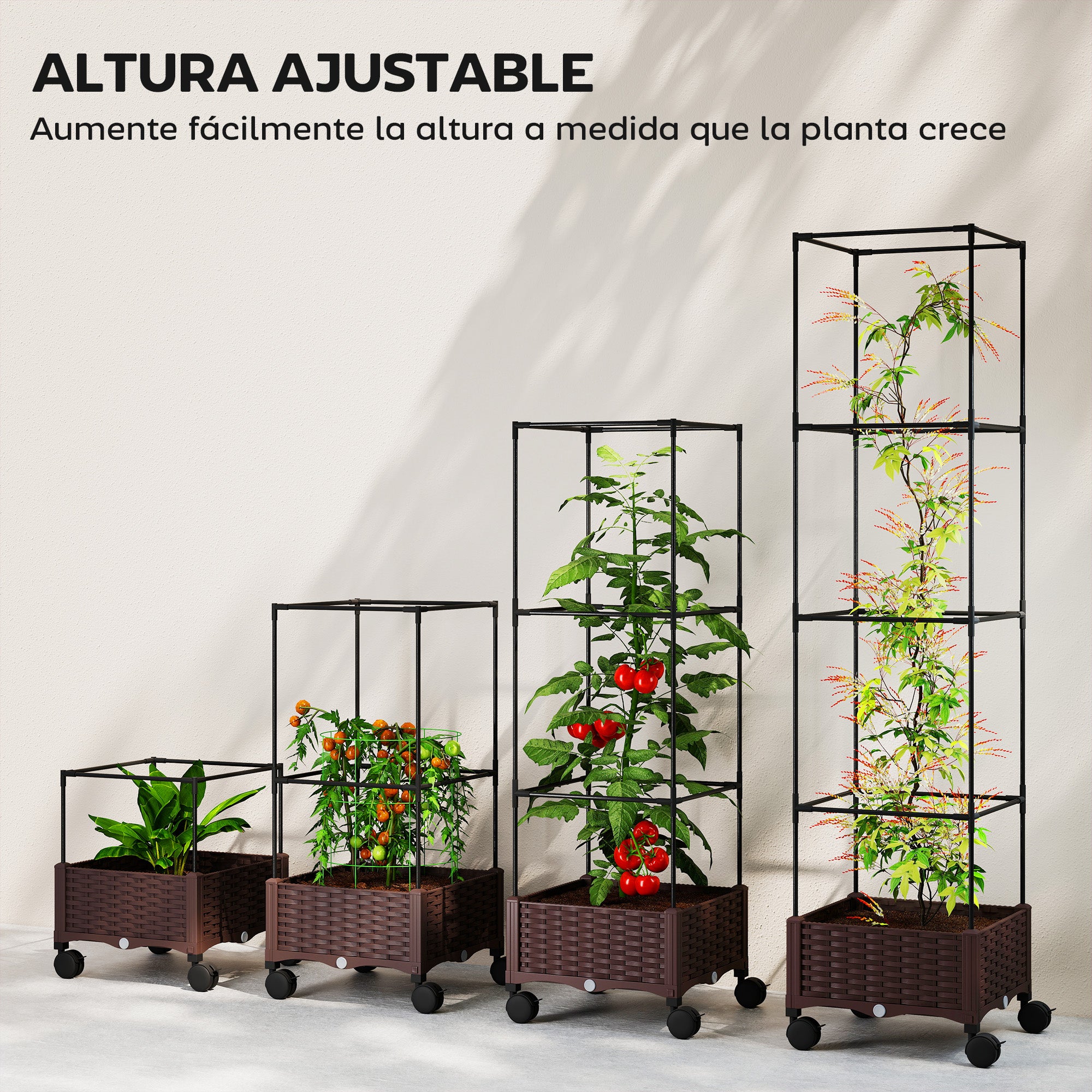 Outsunny Jardinera con Enrejado Ajustable, Jardinera Exterior con Ruedas Bloqueables para Plantas Trepadoras con Ofricios de Drenaje, Macetero Elevado para Jardín, Patio, Terraza, 40x40x165 cm, Marrón