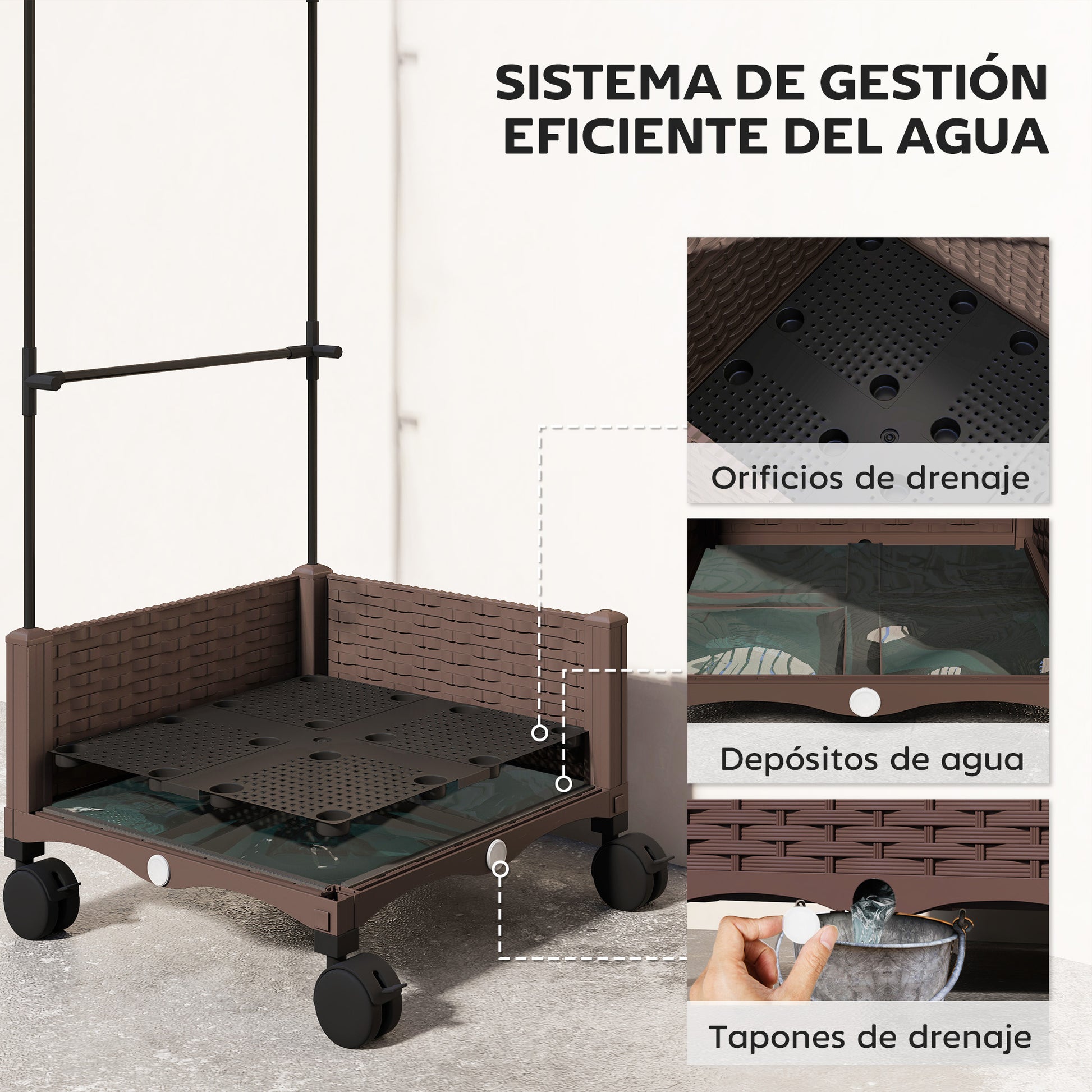 Outsunny Jardinera con Enrejado Ajustable, Jardinera Exterior con Ruedas Bloqueables para Plantas Trepadoras con Ofricios de Drenaje, Macetero Elevado para Jardín, Patio, Terraza, 40x40x165 cm, Marrón