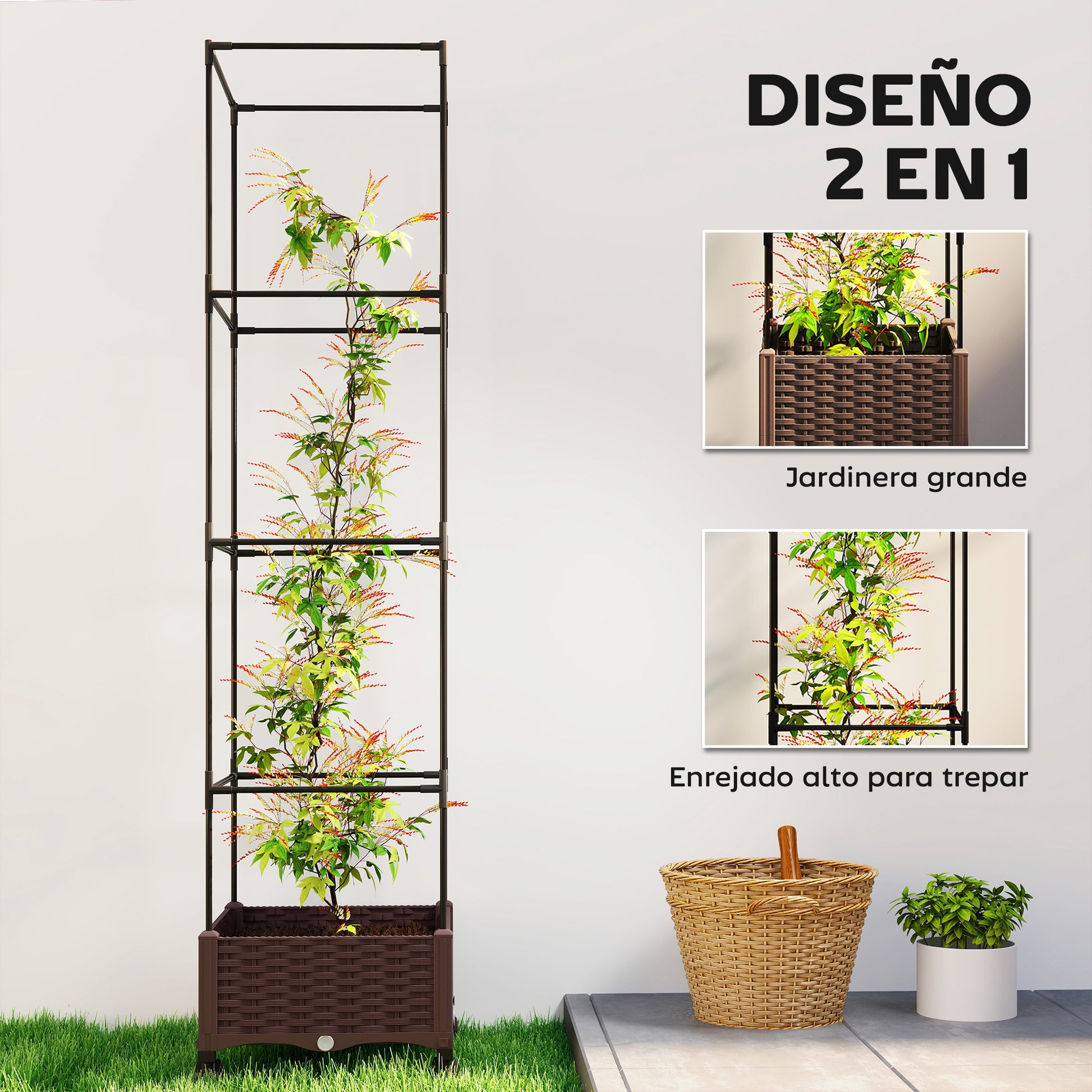 Outsunny Jardinera con Enrejado Ajustable, Jardinera Exterior con Ruedas Bloqueables para Plantas Trepadoras con Ofricios de Drenaje, Macetero Elevado para Jardín, Patio, Terraza, 40x40x165 cm, Marrón