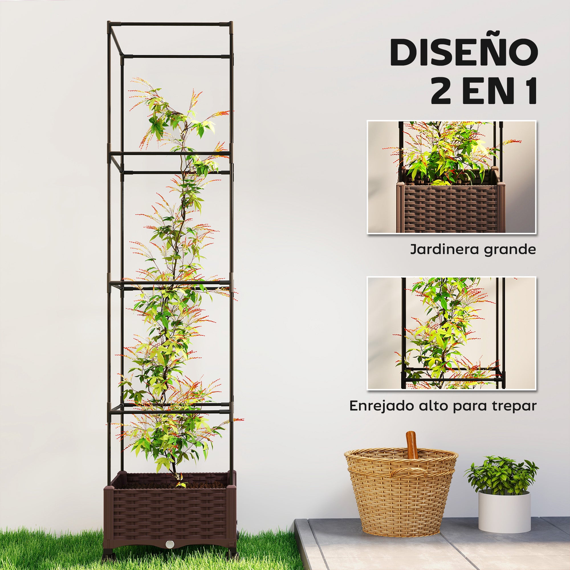 Outsunny Jardinera con Enrejado Ajustable, Jardinera Exterior con Ruedas Bloqueables para Plantas Trepadoras con Ofricios de Drenaje, Macetero Elevado para Jardín, Patio, Terraza, 40x40x165 cm, Marrón