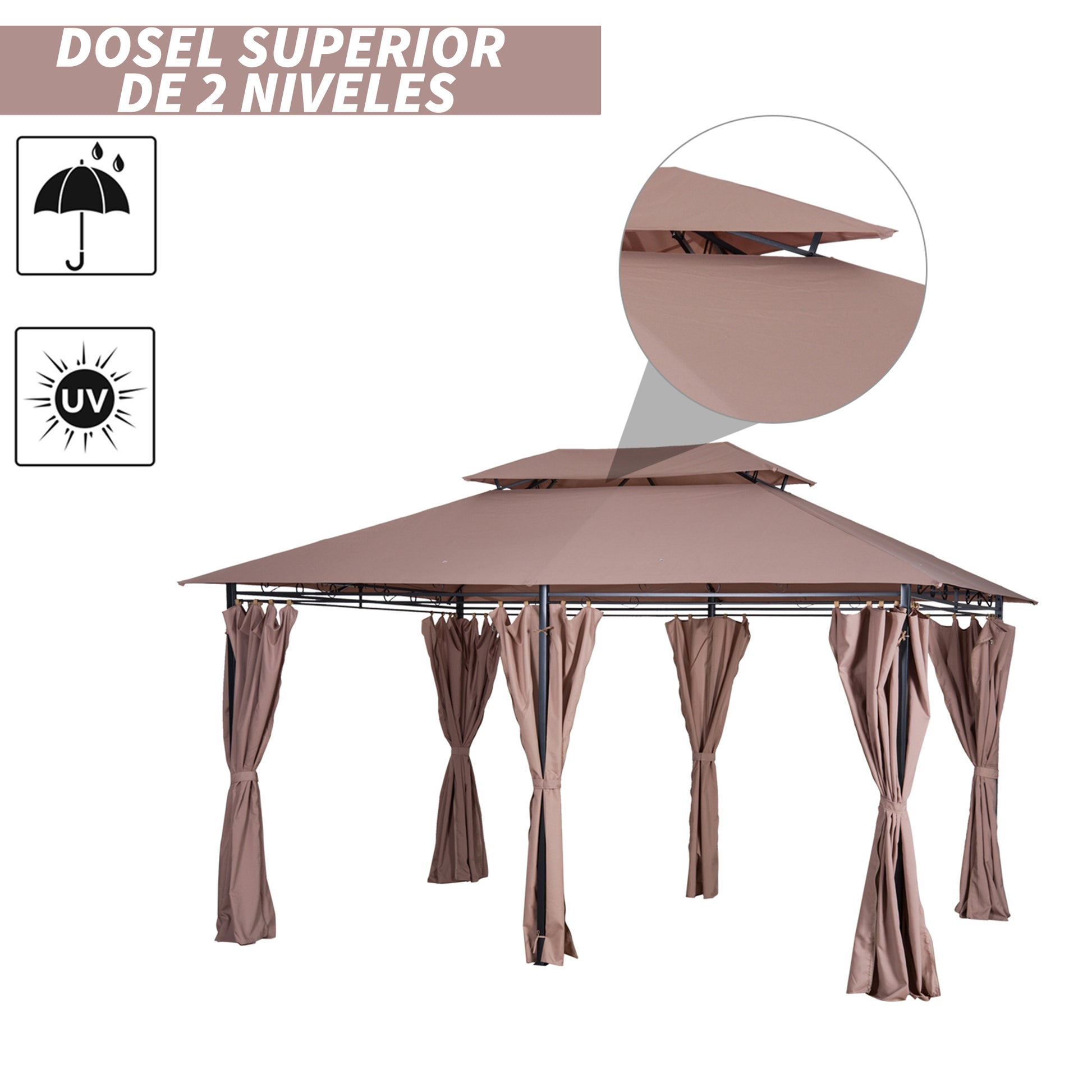 Outsunny Cenador para Jardín 3x4 m Pérgola de Jardín Gazebo con Doble Techo Paredes Laterales Resistente al Agua Carpa para Exterior Terraza Patio Caqui