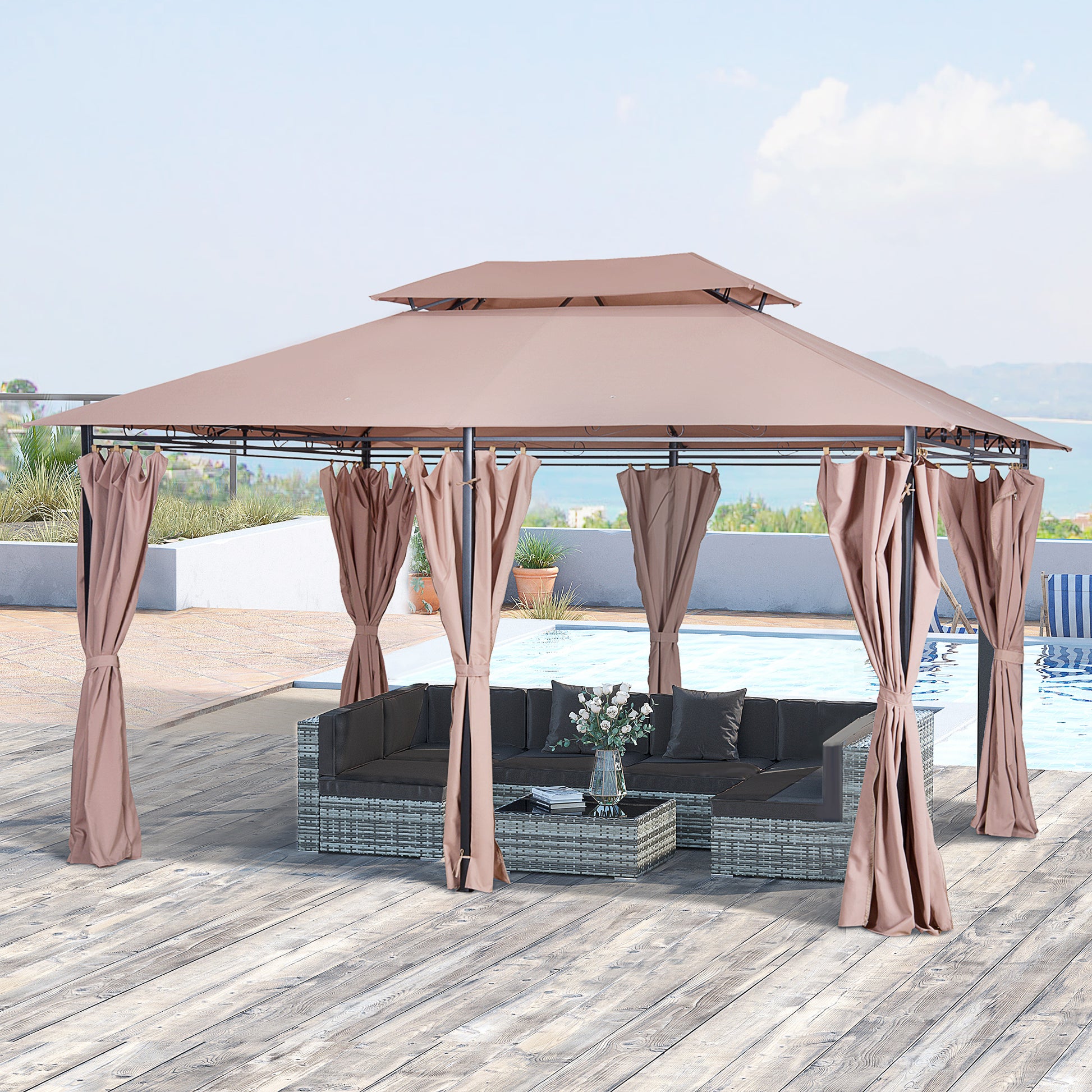 Outsunny Cenador para Jardín 3x4 m Pérgola de Jardín Gazebo con Doble Techo Paredes Laterales Resistente al Agua Carpa para Exterior Terraza Patio Caqui