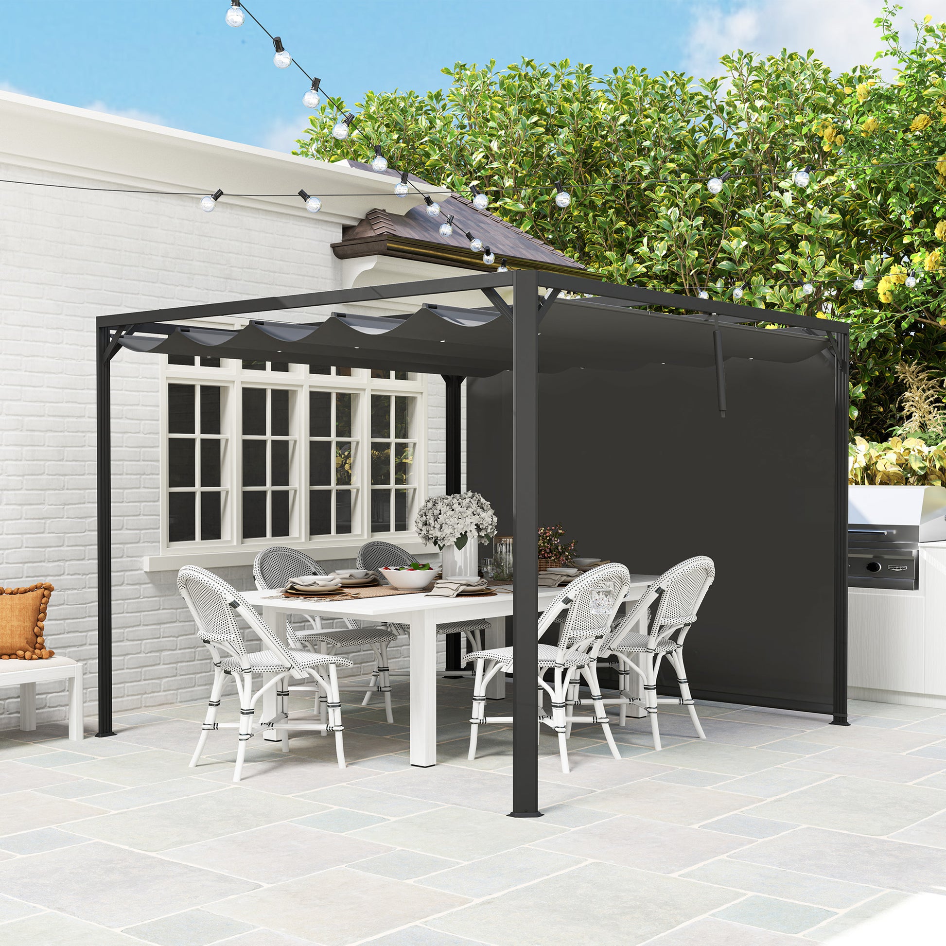 Outsunny Pérgola de Jardín 3x3 m con Techo Retráctil y Pared Lateral Enrollable, Cenador de Jardín con Estructura de Aluminio, UPF30+, Pabellón para Exterior, Patio, Terraza, Gris Oscuro