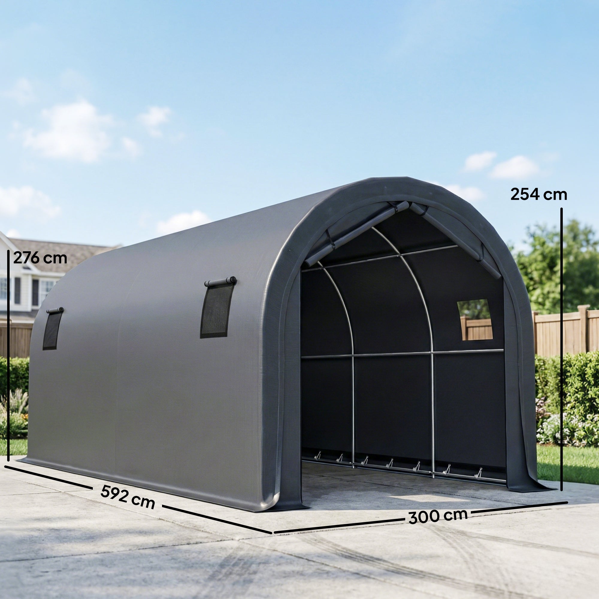Outsunny Carpa Garaje Portátil 3x6 m, Garaje Exterior para Coche Impermeable con Puerta Enrollable con Cremalleras y 4 Ventanas, Marco Metal Galvanizado, UPF 30+, Cobertizo de Almacenamiento, Gris