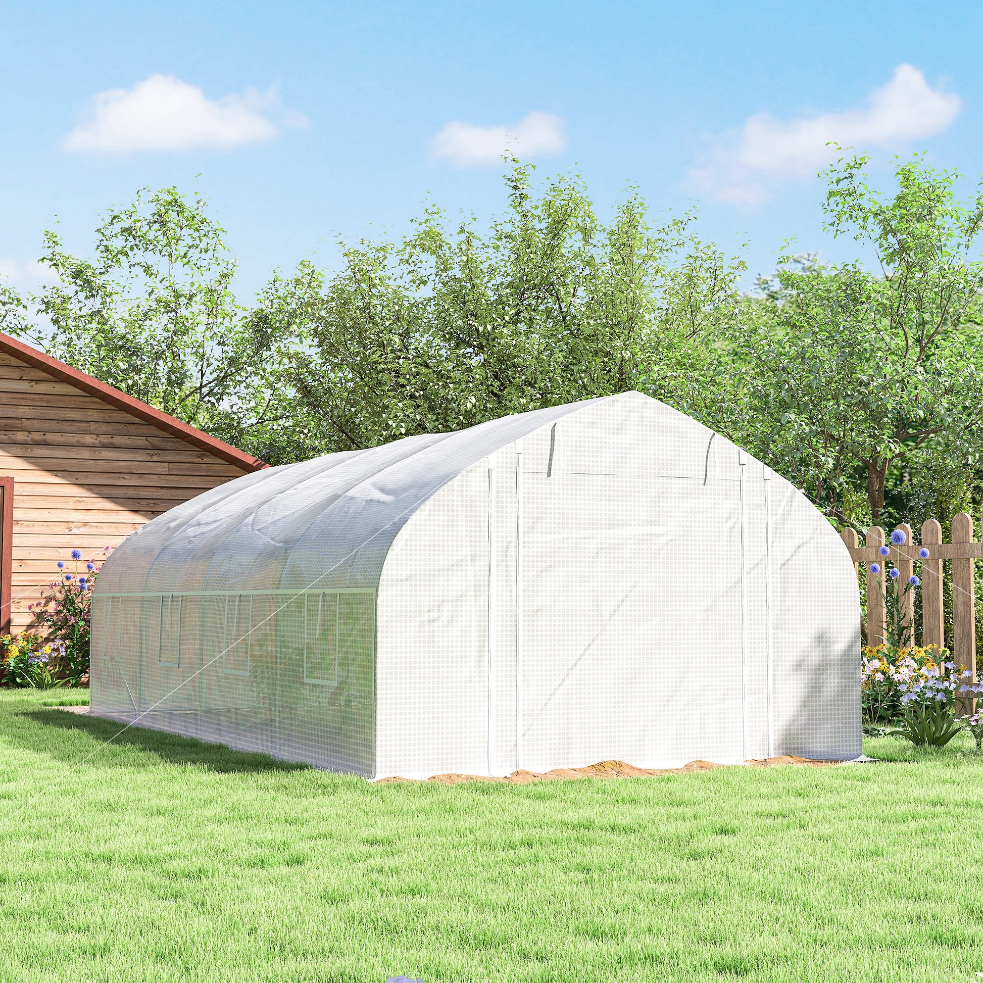 Outsunny Invernadero de Exterior, 6x3x2 m, Invernadero de Túnel con 8 Ventanas, Cubierta de PE, Anti-UV y Puerta Enrollable con Cremallera, Paredes Laterales con Malla, para Cultivos, Plantas, Blanco