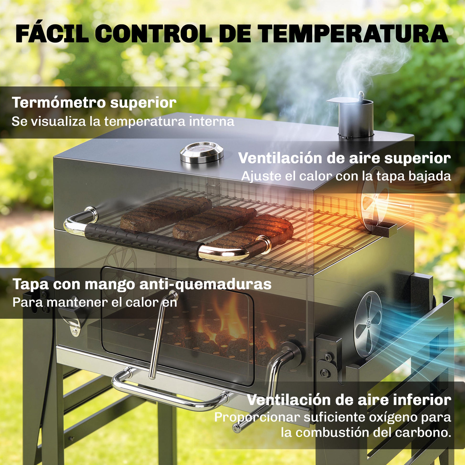 Outsunny Barbacoa de Carbón Portátil, Barbacoa de Carbón Móvil con Bandeja Ajustable, Estantes Plegables, Termómetro, Tapa, Chimenea, Ventilaciones, Cajón de Cenizas, Ruedas, Cesta Lateral, Asa, Negro